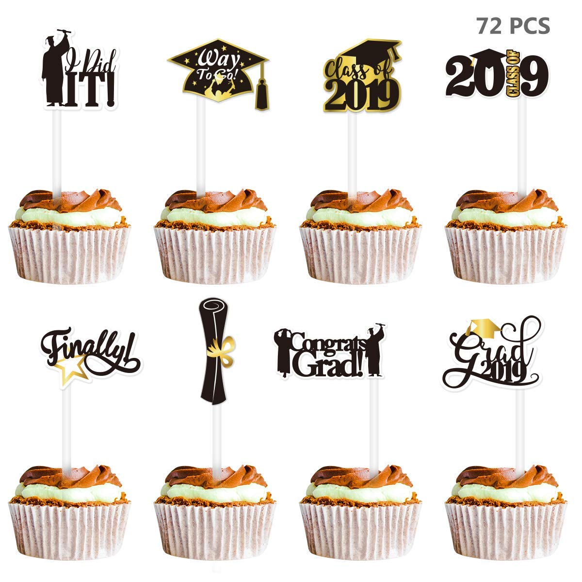 Amosfun 2019 Graduation Cupcake Toppers 72pcs Grad Cake Toppers