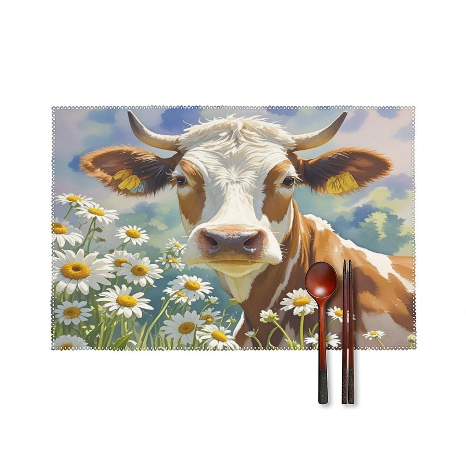 Watercolor Cow and Daisy Flower Placemats Set of 6 Canvas Place Mats for Dining Table Square Non-Slip Table Mats Heat Resistant Washable Placemat for Kitchen Home Decor 12" X 18"