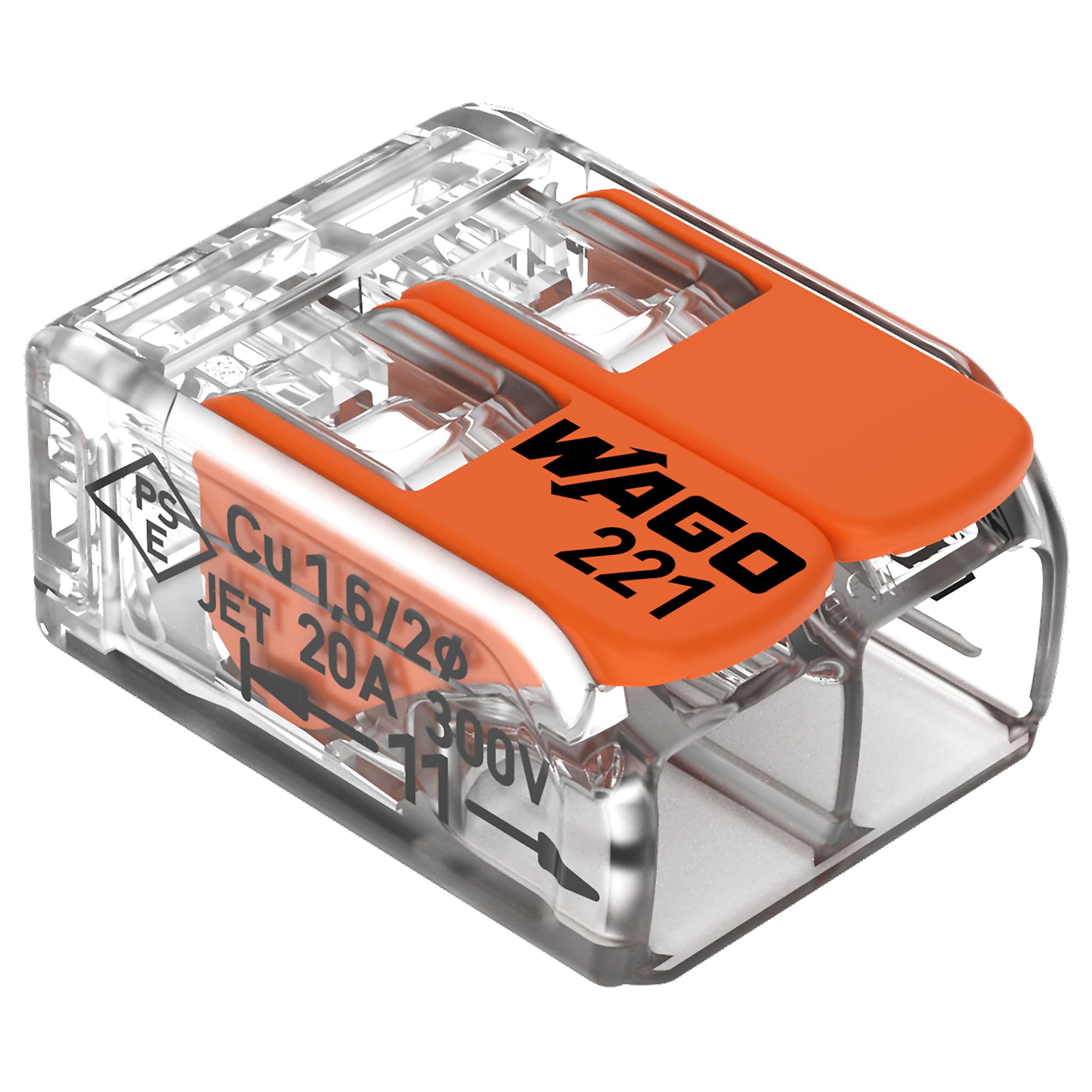 221-412 | WAGO Lever-Nuts® Spleißverbinder | für Voll- und Litzenleiter | 2-Leiter mit Betätigungshebel | 24-12 AWG | transparentes Gehäuse | [Glas mit 550 Stück]