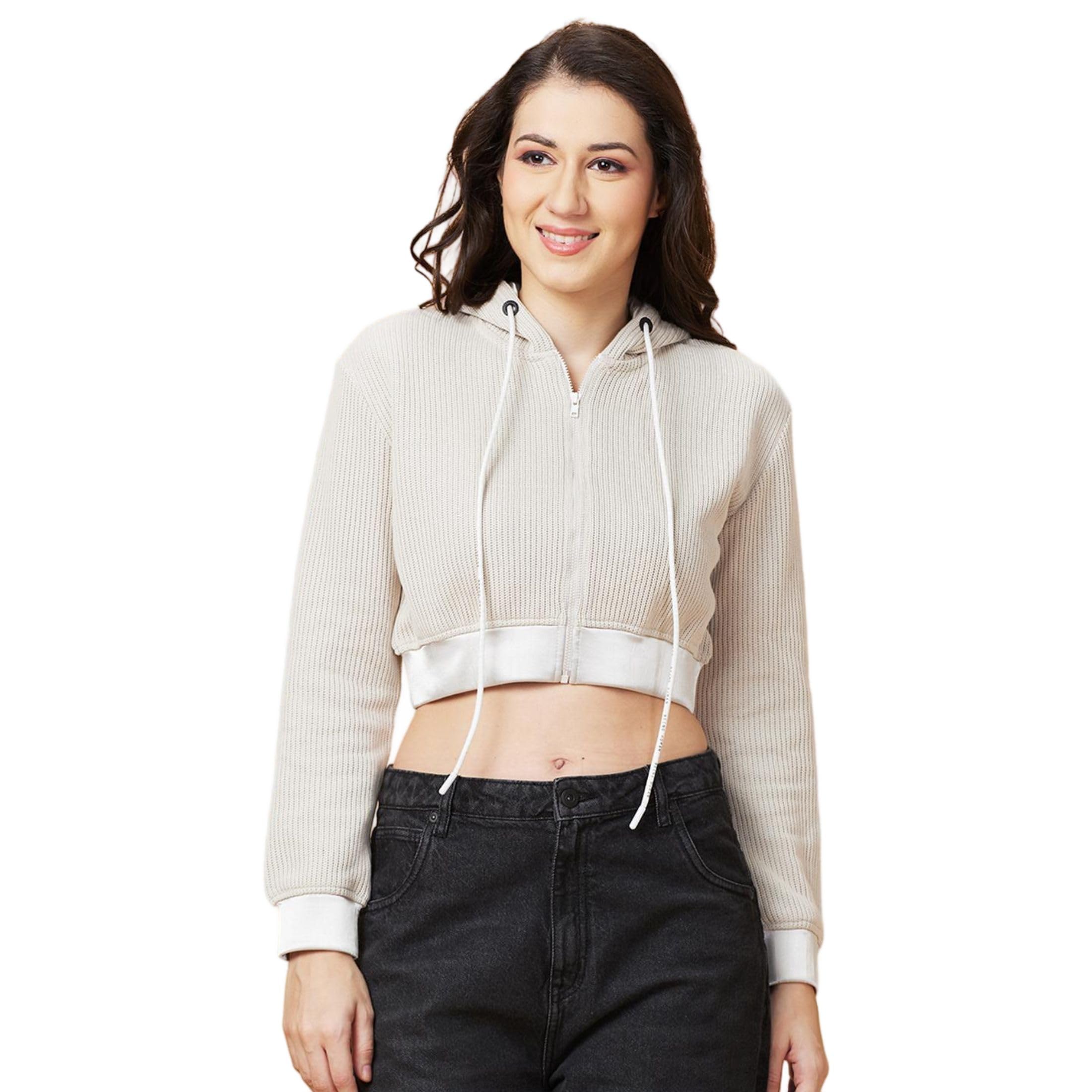 being human Off White Boxy Fit Women's Cotton Long Sleeve Cropped Hoodie Clothing-picture-11