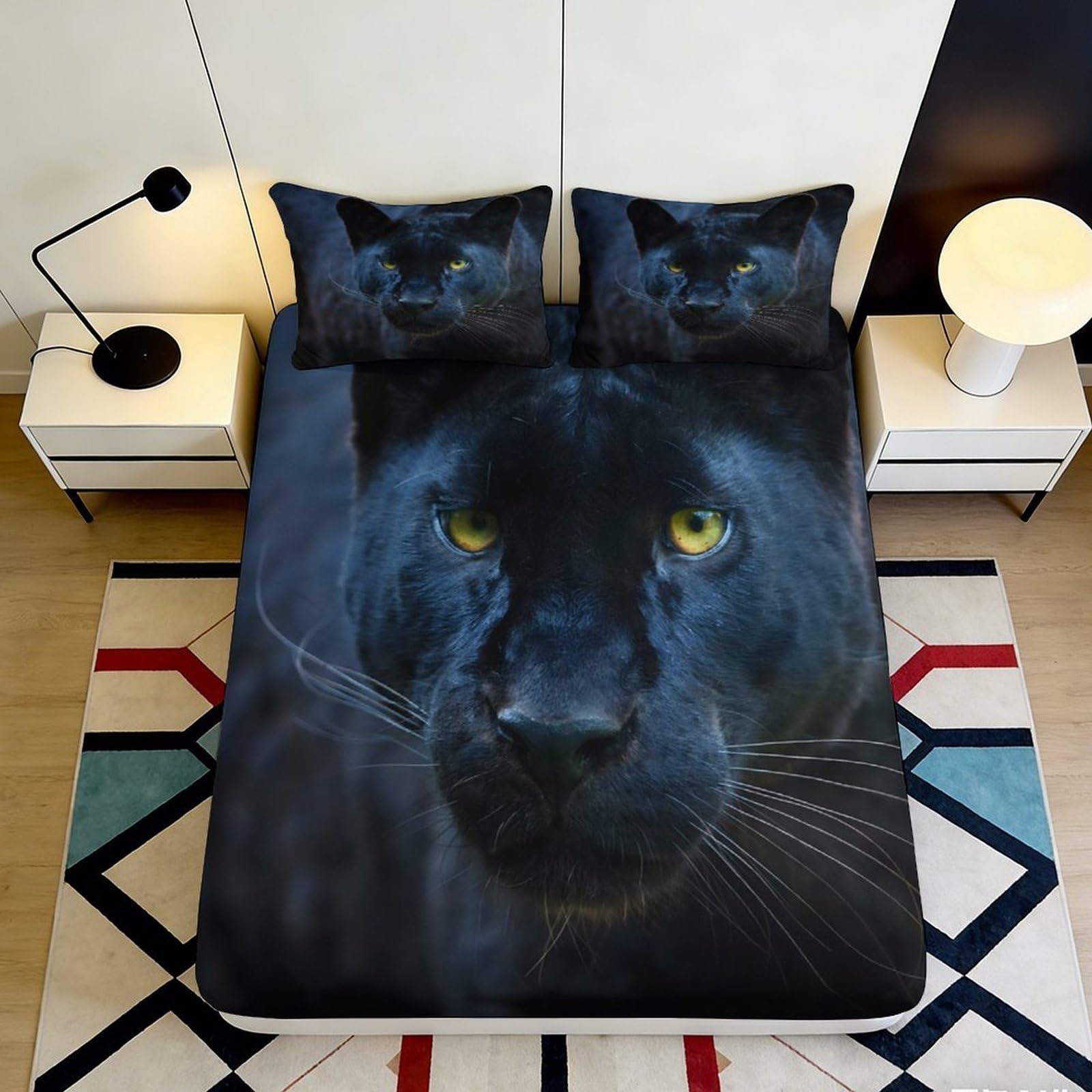 3D Printed Black Panther Fitted Sheet Microfiber Deep Pocket Jungle Cat Mattress Cover for Bedroom Home Decor 180x200x25cm