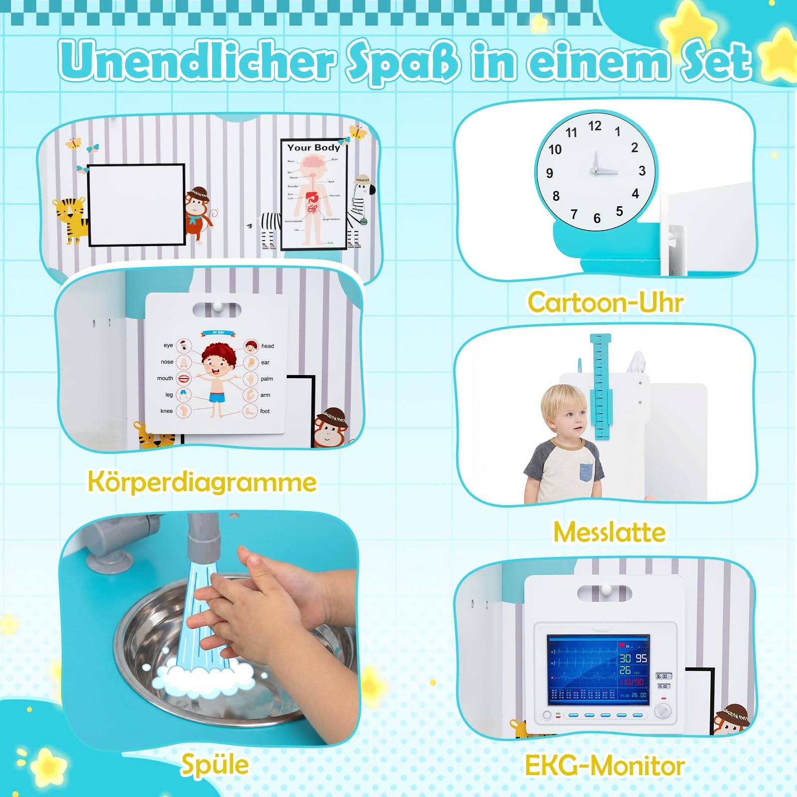 DREAMADE Doktor Spielset Holz, Krankenhaus Spielzeug für Kinder | Arztkoffer Arzt Rollenspielzeug mit Untersuchungszimmer & Waschbecken, Medizinisches Zentrum mit Check-in & Wartebereich