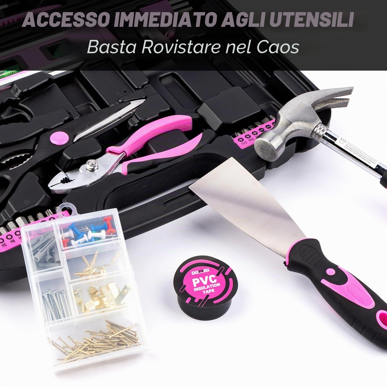 DOWELL Kit di attrezzi per la riparazione domestica, 145 pezzi, con cassetta degli attrezzi, set completo di attrezzi manuali per la casa, tra cui martello, pinza, cacciavite e nastro di misurazione