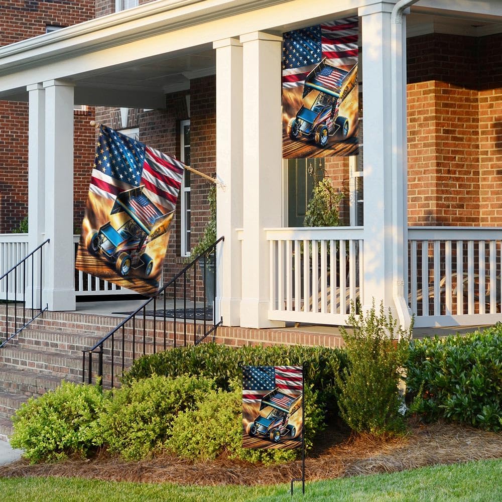 American Flag-Sprint Car Racing. Dirt Track Racing American Flag MLN2787F, House Flag (29.5" x 39.5")-USA Flags Premium Polyester-Decorative Indoor Outdoor Flag