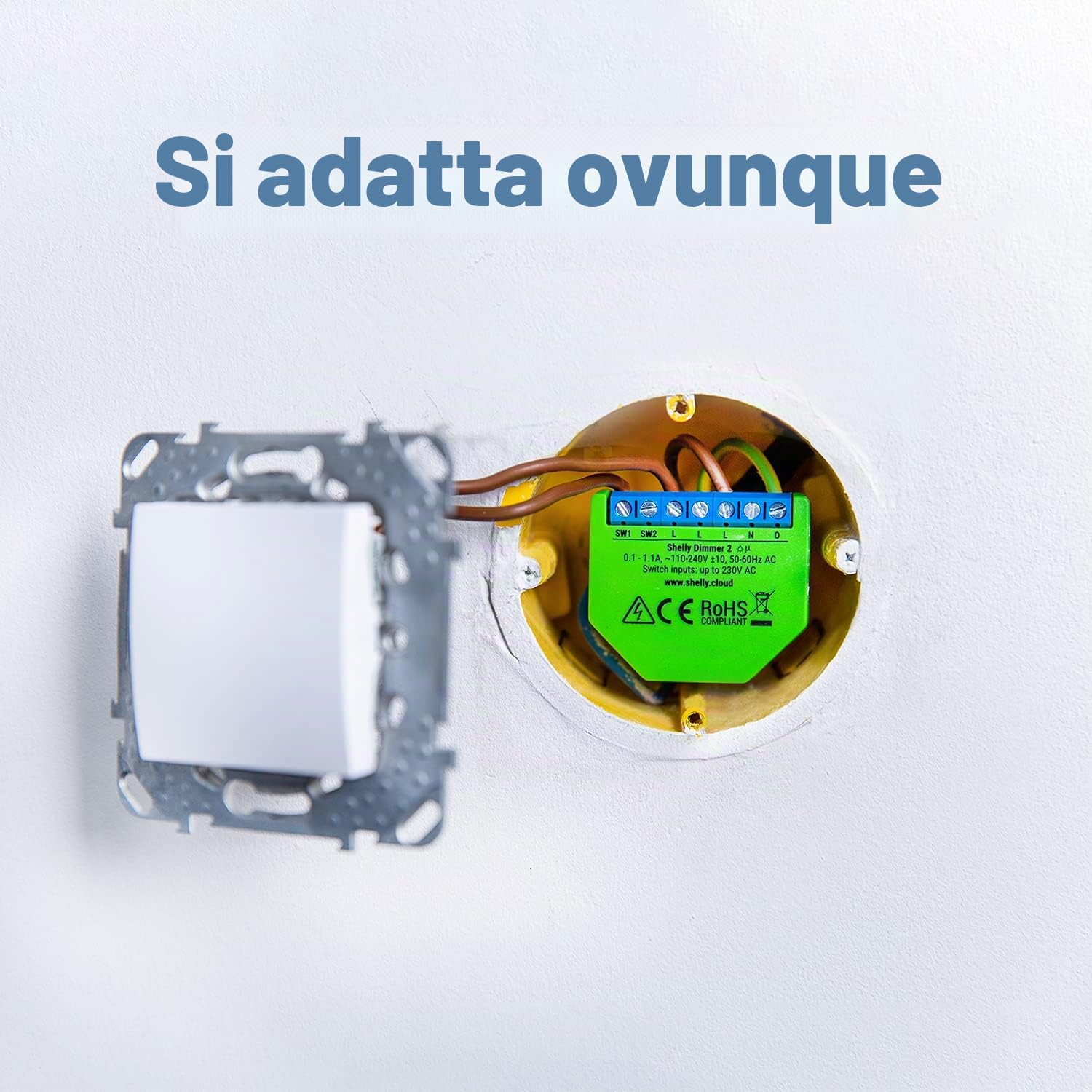 Shelly DIMMER 2 Dispositivo Wi-Fi per il Controllo di Luci Alogene, LED, Trasformatori Ferromagnetici Dimmerabili, Supportati da un’Alimentazione di 110-230V, Verde