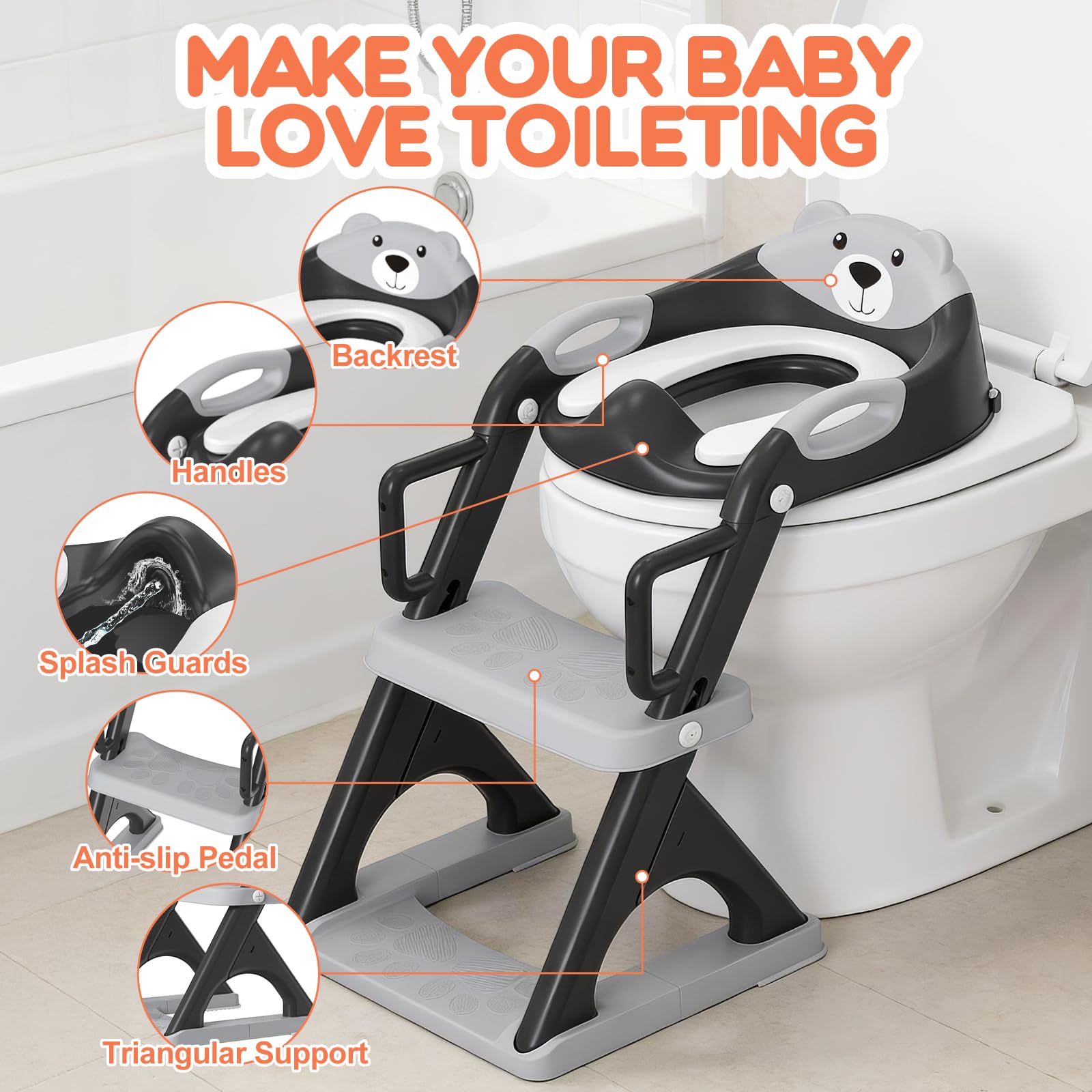 SKYROKU Asiento de inodoro de entrenamiento para ir al baño con taburete y pasamanos de seguridad, asiento de inodoro ajustable y antideslizante para niños y niñas, se adapta a inodoros estándar y