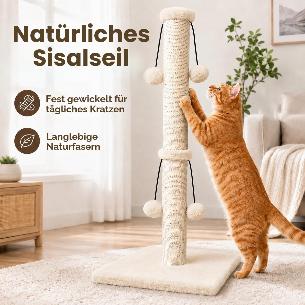 Dimaka Kratzbaum für Katzen, 73 cm, natürliches Sisalseil, Kratzbaum mit 4 Spielbällen für große Katzen, Beige