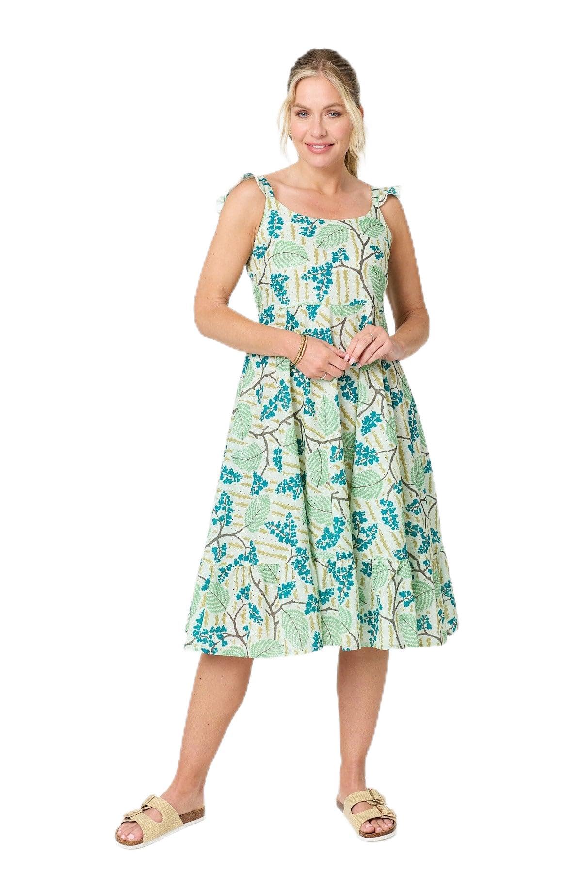 Izabel London Women's Leaf Print Frilled Strap Midi Dress in Green | Size: 14
