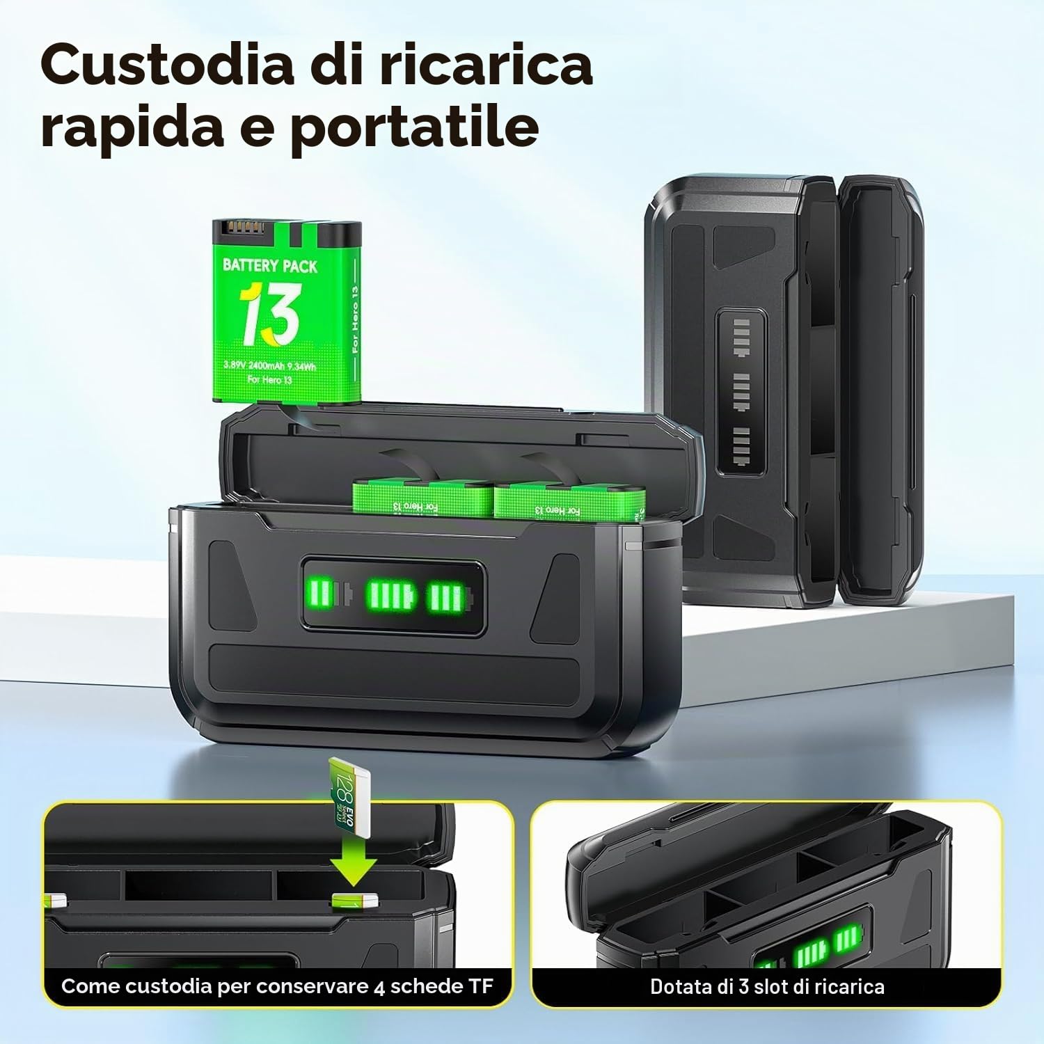 Hero 13 Batteria con Caricabatterie per Hero 13 Black, Mission 1, Mission 1 Pro - Caricabatterie con display LCD, slot per schede TF, adatto alle basse temperature, caricatore tascabile