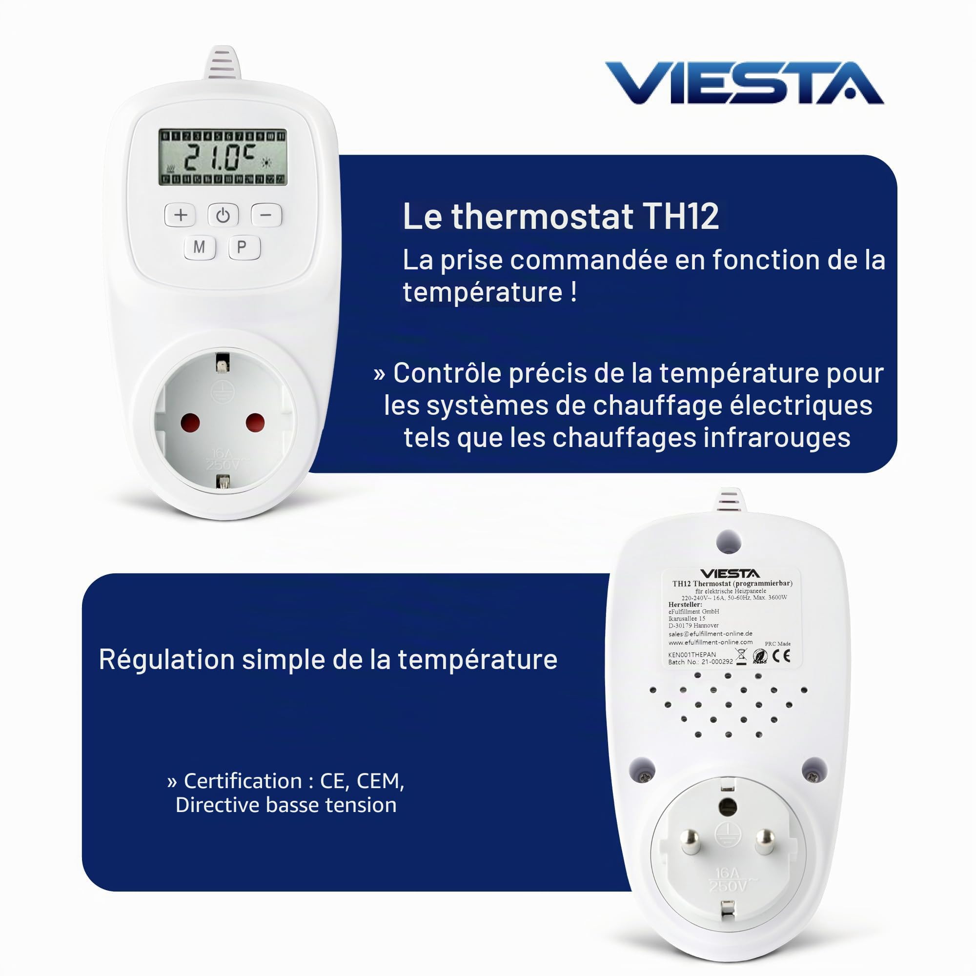 VIESTA® TH12 thermostat prise, programmable, 7 jours, 230 V / 16 A / 3600 W, 5–35°C, 0,5°C, écran LCD, EEPROM, protection antigel, pour chauffages électriques, panneaux chauffants