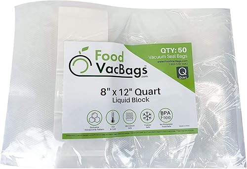 50 bolsas FoodVacBags de sellado al vacío de bloque líquido de 8 x 12 pulgadas, barrera de humedad para presa, tira de celulosa absorbente
