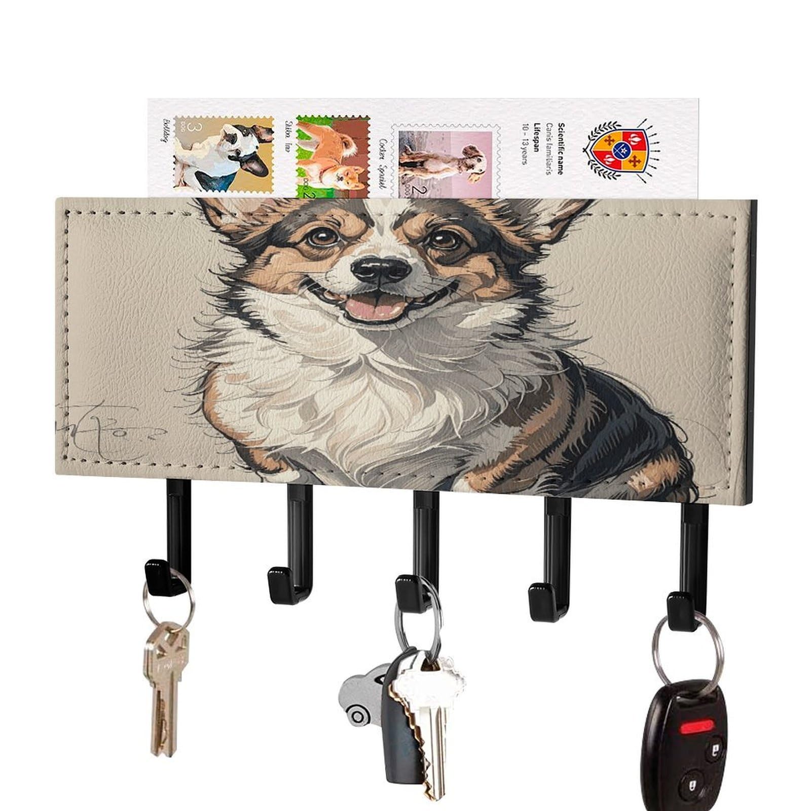 FekiLoot Hand Drawn Sketch Corgi Key Holder Wall Mount Key Hanger with 5 Hooks Decorative Key Rack Hanging Key Hooks with Mail Organizer Key Holder for Wall Living Room Kitchen Bathroom Hallway Black