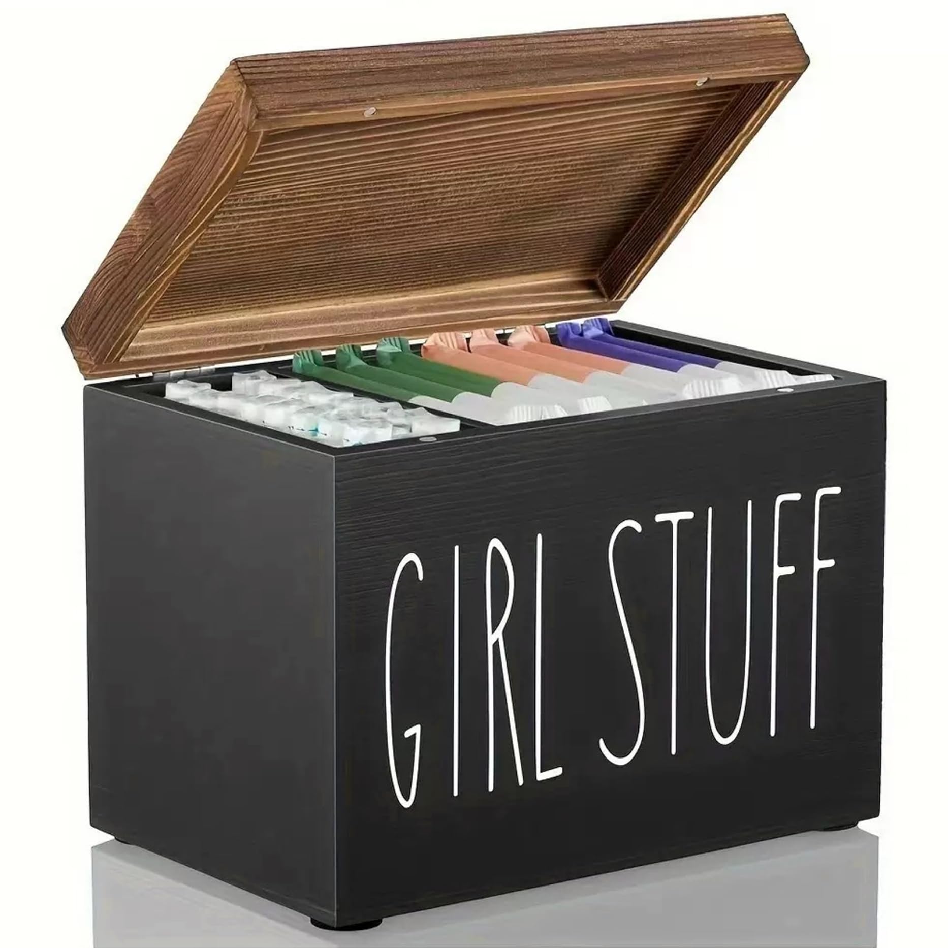Wilafury Tampon Holder, Wooden Bathroom Storage Box with Removable Divider, Hinged Lid & Non-Slip Pads, Black, 20.3x13.3x15.3 cm