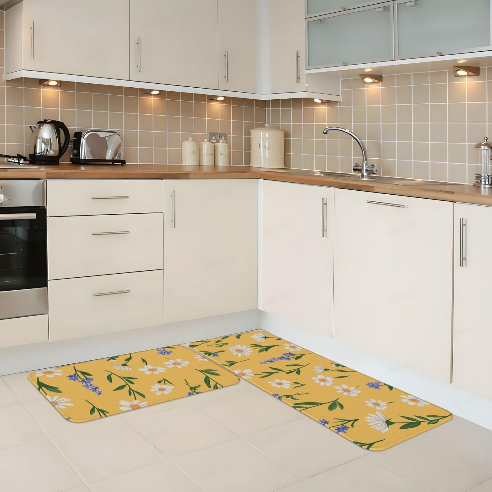 Mexpekil Kitchen Rug Set of 2 Small Daisies Yellow Non Slip Kitchen Floor Mat Anti Fatigue Standing Mats Long Carpet Runners for Home Office