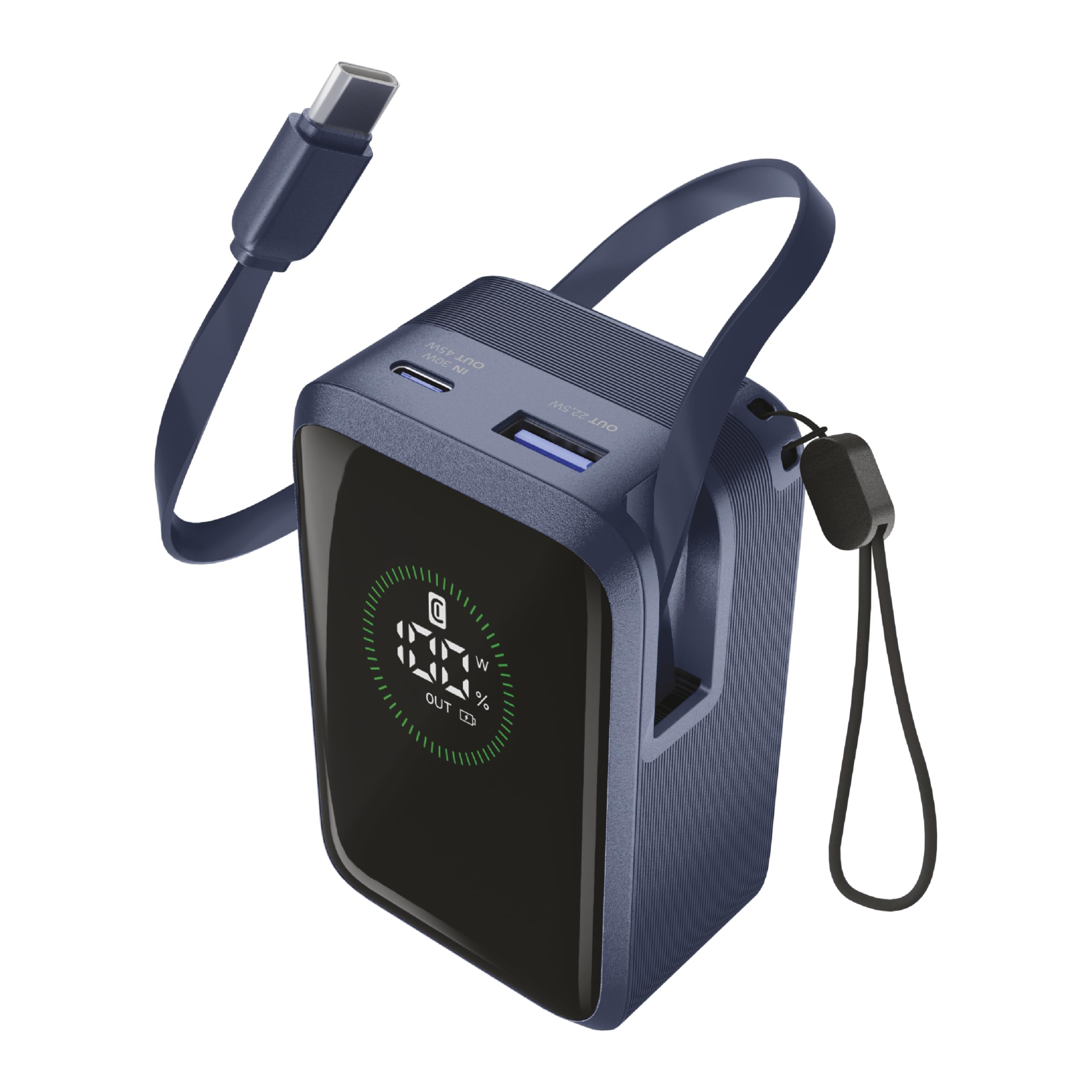 Cellularline batería Externa Roller 10.000 mAh con Carga rápida de hasta 45 W, Cable USB-C retráctil de 70 cm, Pantalla LCD, Carga simultánea para 3 Dispositivos, Negro