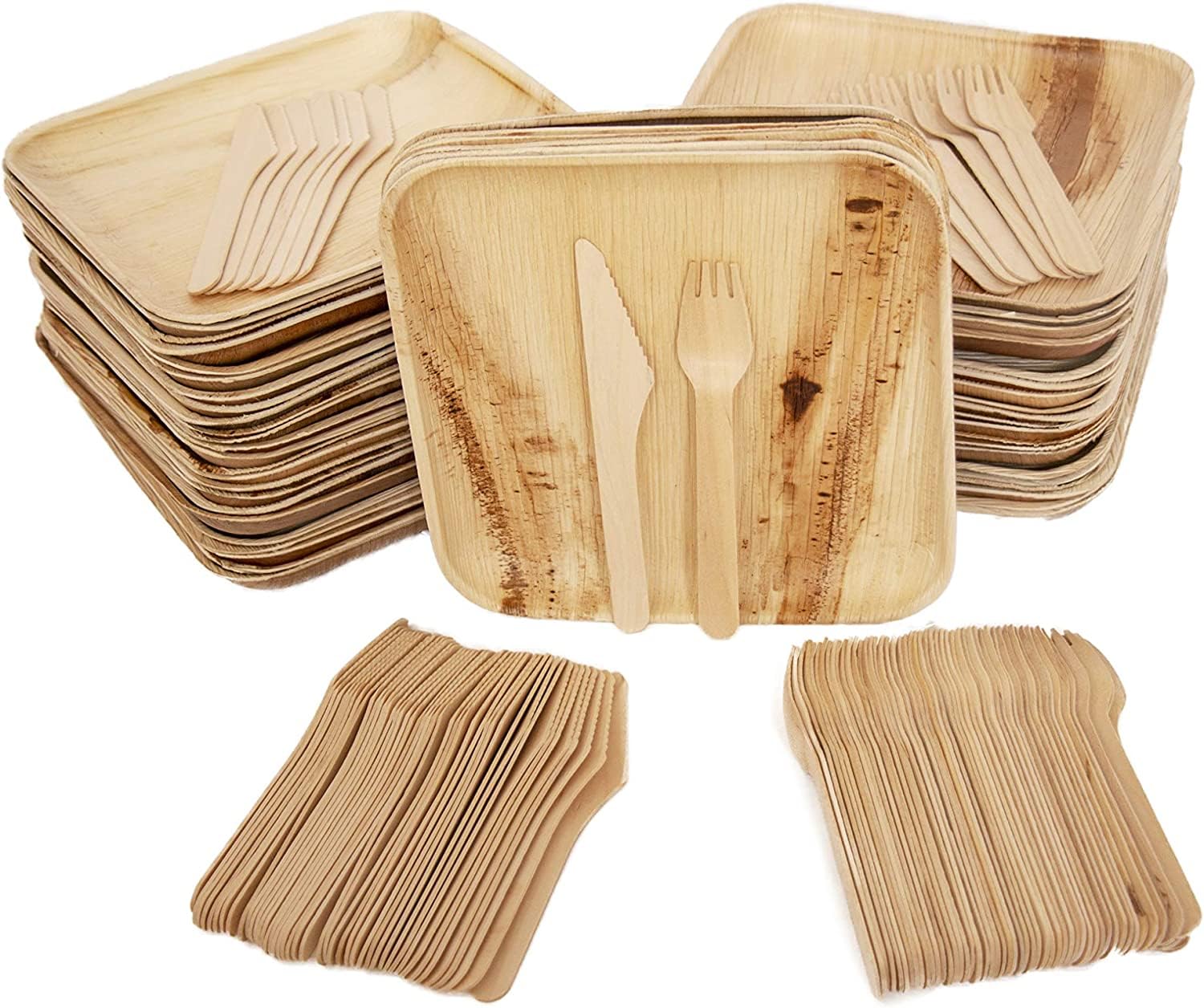 Piatti quadrati usa e getta compostabili in foglia di palma da 25,4 cm + forchetta [50] + coltello [50] piatti ecologici resistenti e posate piatti in legno usa e getta