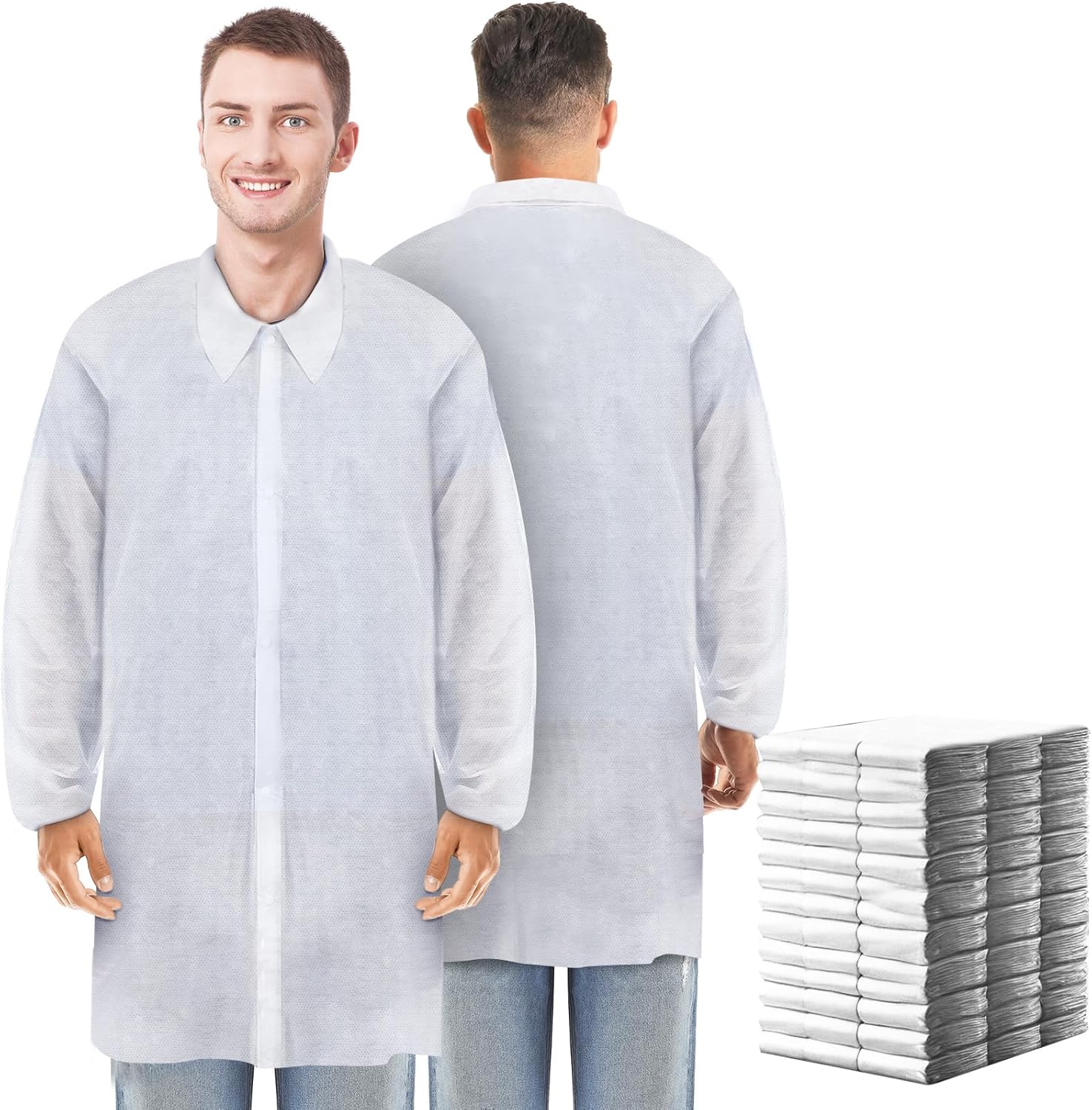 Cutecrop 50 Pack Disposable Lab Coats for Adults Lab Coat Bulk with Knitted Cuffs and Collar Laboratory Coat