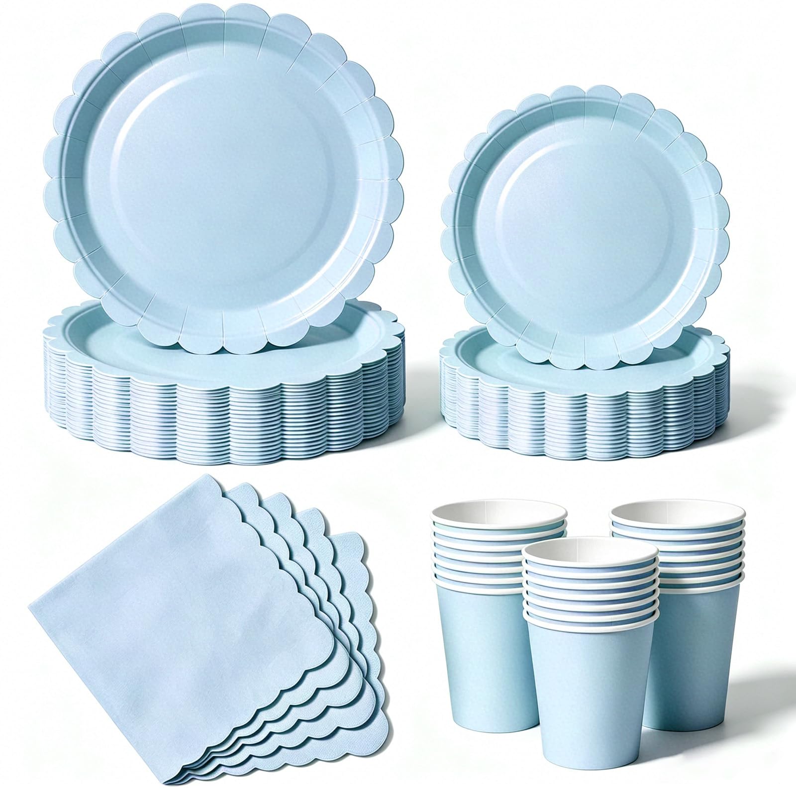 Nkaiso 50 Pcs Light Blue Scalloped Paper Plates and Napkins Set for 10