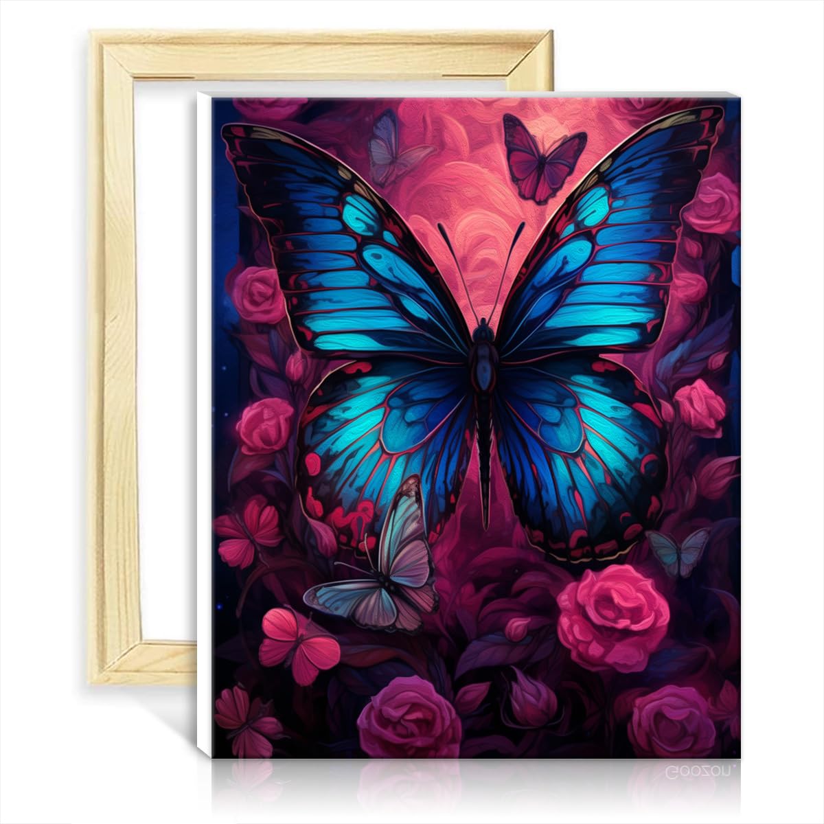 TANGFEIY Canvas Drawing Paintwork Kit Blue Butterflies Flowers Adult Paint by Number Kits with Brushes and Acrylic Pigment Art Oil Painting DIY Frame(40x50cm) — image 1