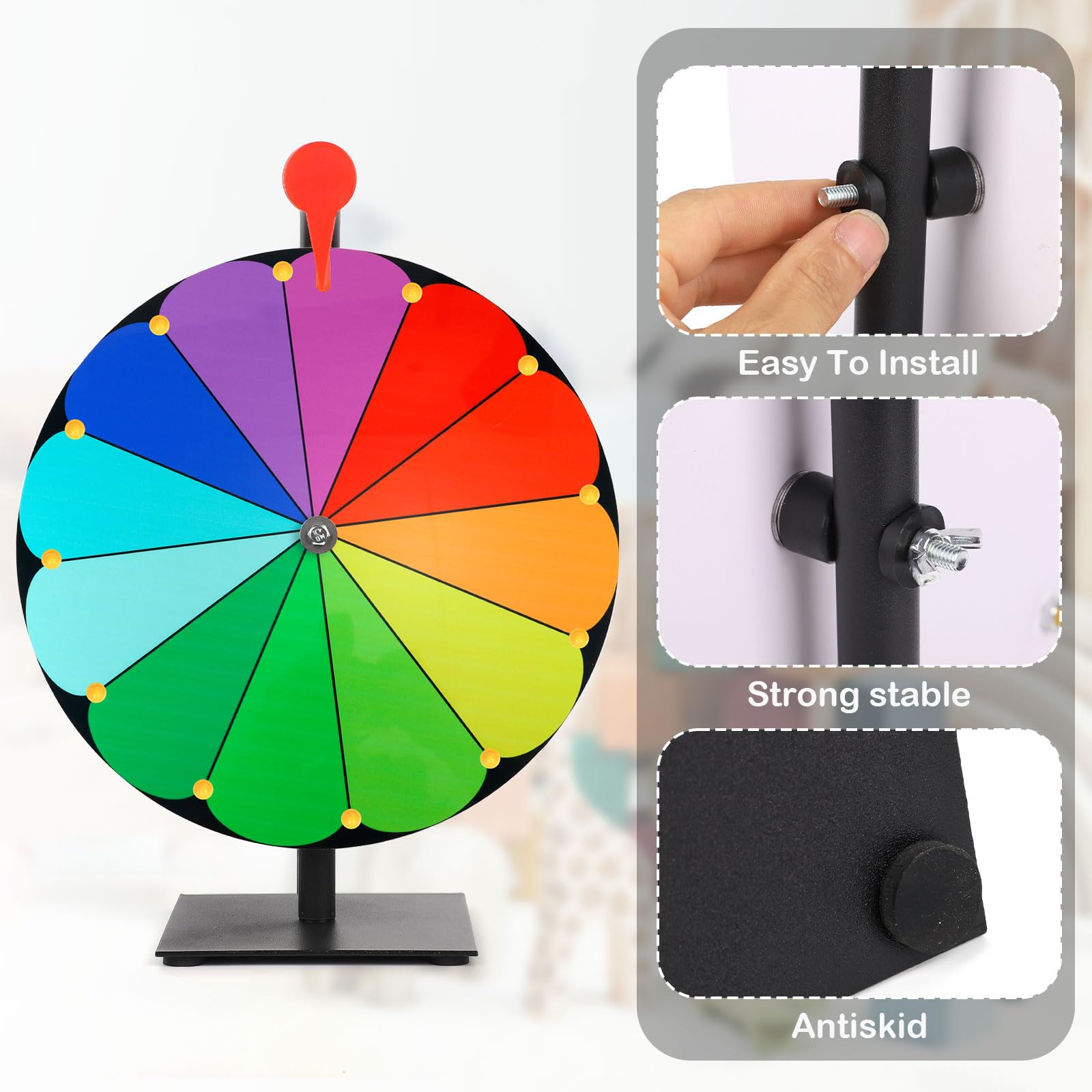 40cm Großes Glücksrad Set, 12 Fach Tombola Rad mit Ständer Rouletterad mit Robuster Basis Tisch Glücksrad für Karneval Messen Glücksrad-Spiele (Bunt)