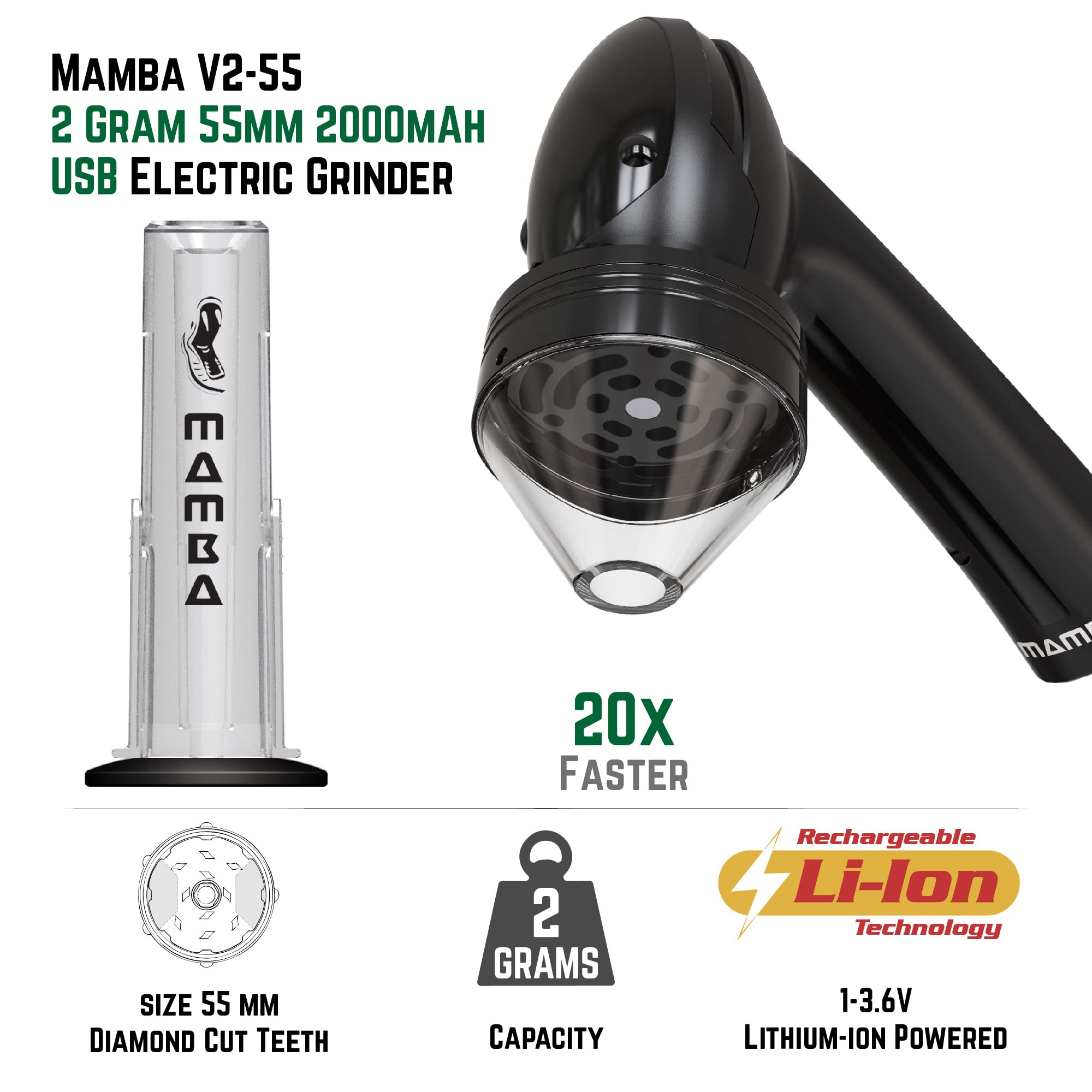 Mamba Grinder Schwarz 1g – Elektrische Gewürzmühle, USB-aufladbar, Mahlwerk aus Aluminiumlegierung, Gewürz Crusher, inklusive Zubehörset – Vor der Verwendung vollständig aufladen