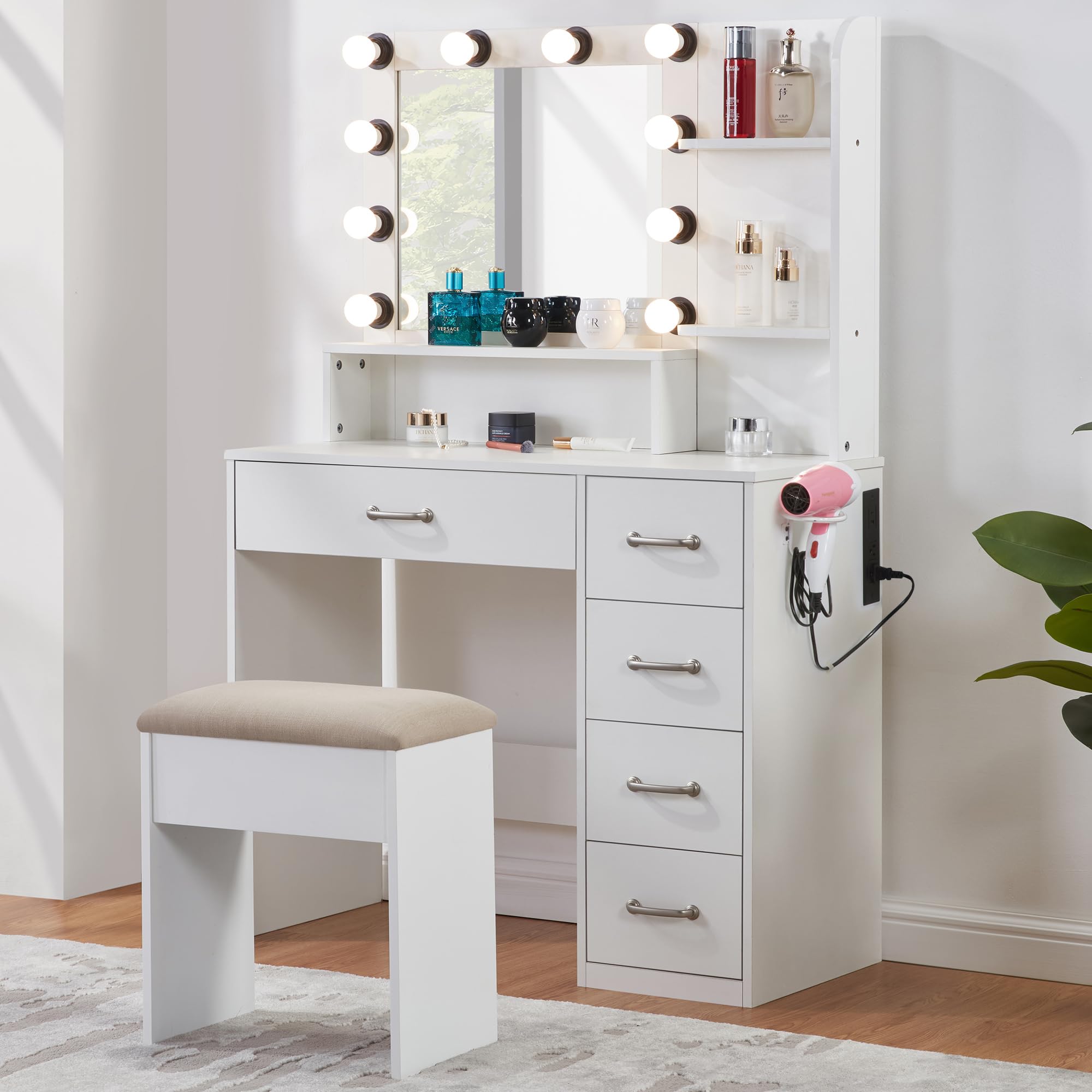 White Vanity Desk with Mirror and Lights, Makeup Vanity Desk Set with 5 Drawers and Cushioned Stool, Open Storage Shelves and Power Strip?3-Mode LED Lights for Bedroom(White, 35'' with 5 Drawers)