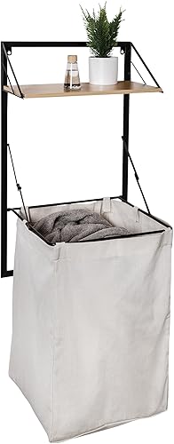 Honey-Can-Do Cesto de ropa plegable para montar en la pared con bolsa de lavandería de lona y estante de madera, negroarce HMP-09783 negro