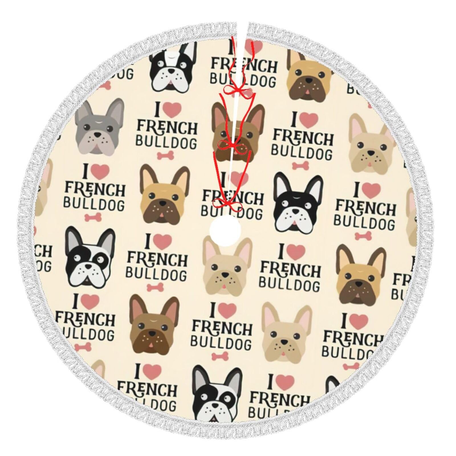 Jupe de sapin imprimé I Love bouledogue français pour célébrer Noël avec vos compagnons à quatre pattes