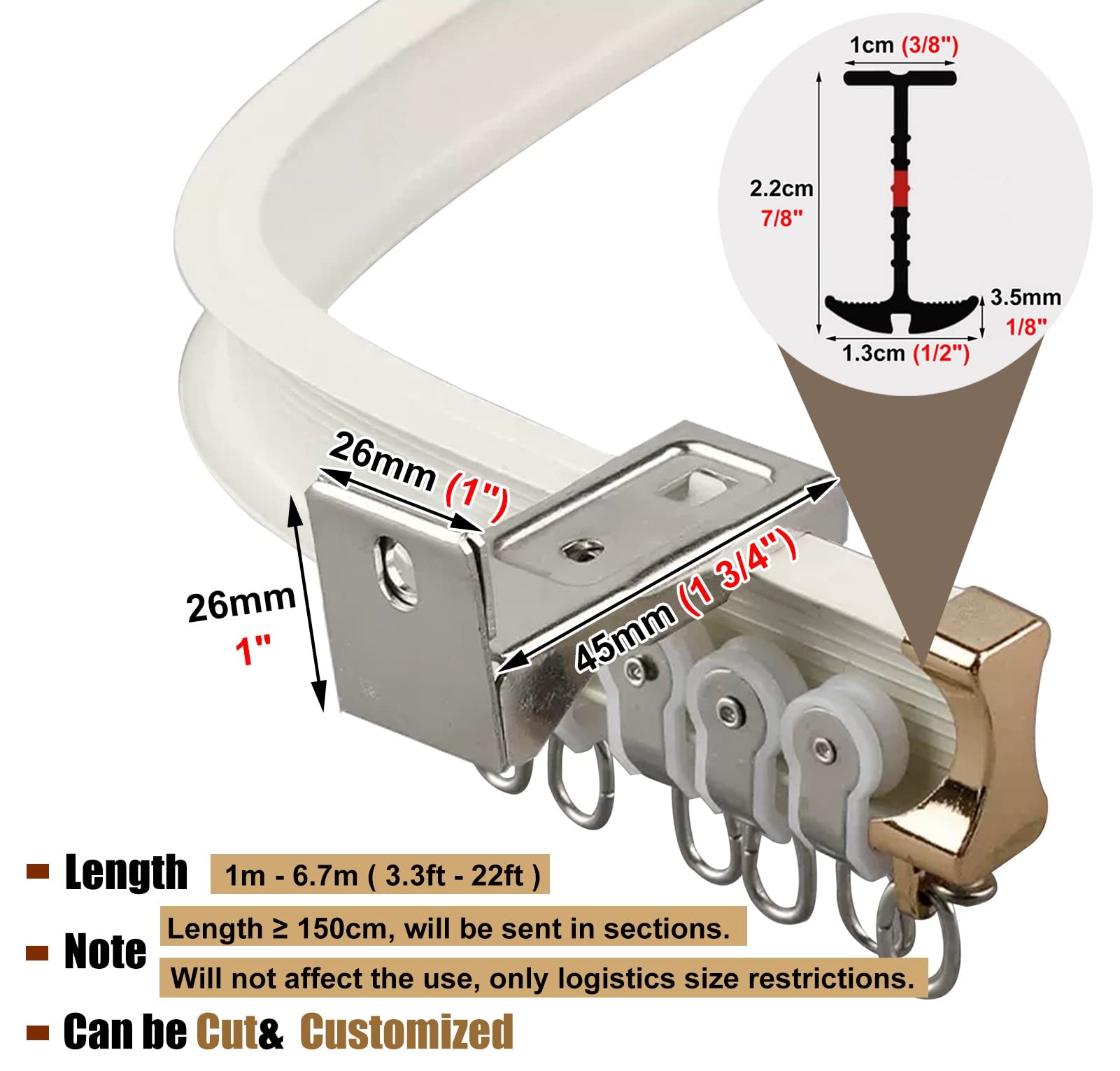 Sistema de riel de cortina para montaje en pared/techo, barra de ducha curvada de 2,5 m / 8.2ft y separadores de habitación para bahía, cenador, balcón, caravana, versátil para uso doméstico y