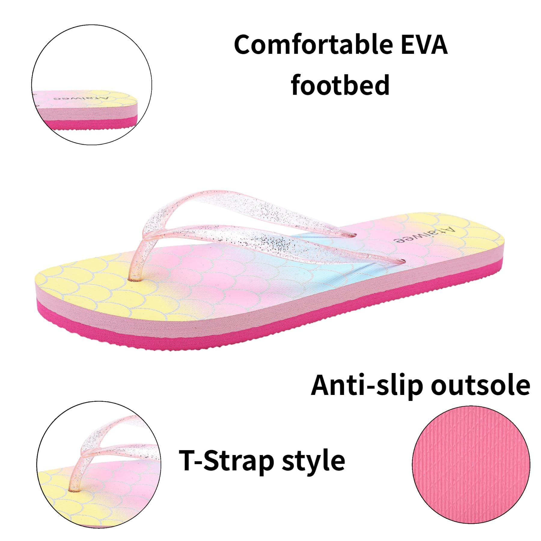 Ataiwee Chanclas para niñas, sandalias de playa para niños pequeños y grandes, sandalias de colores estampados para niños.