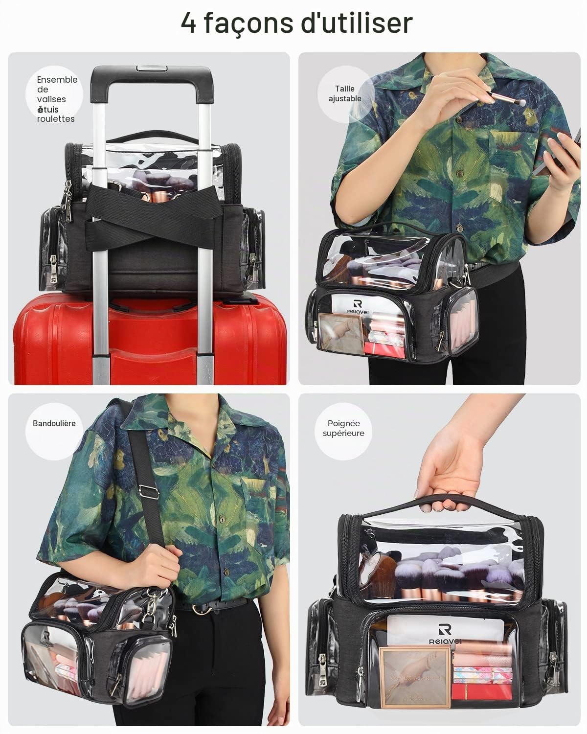 Relavel Étui pour pinceaux de maquillage professionnel, étui de voyage transparent etanche, ouverture complete, facile d'accès, avec sangle regulable