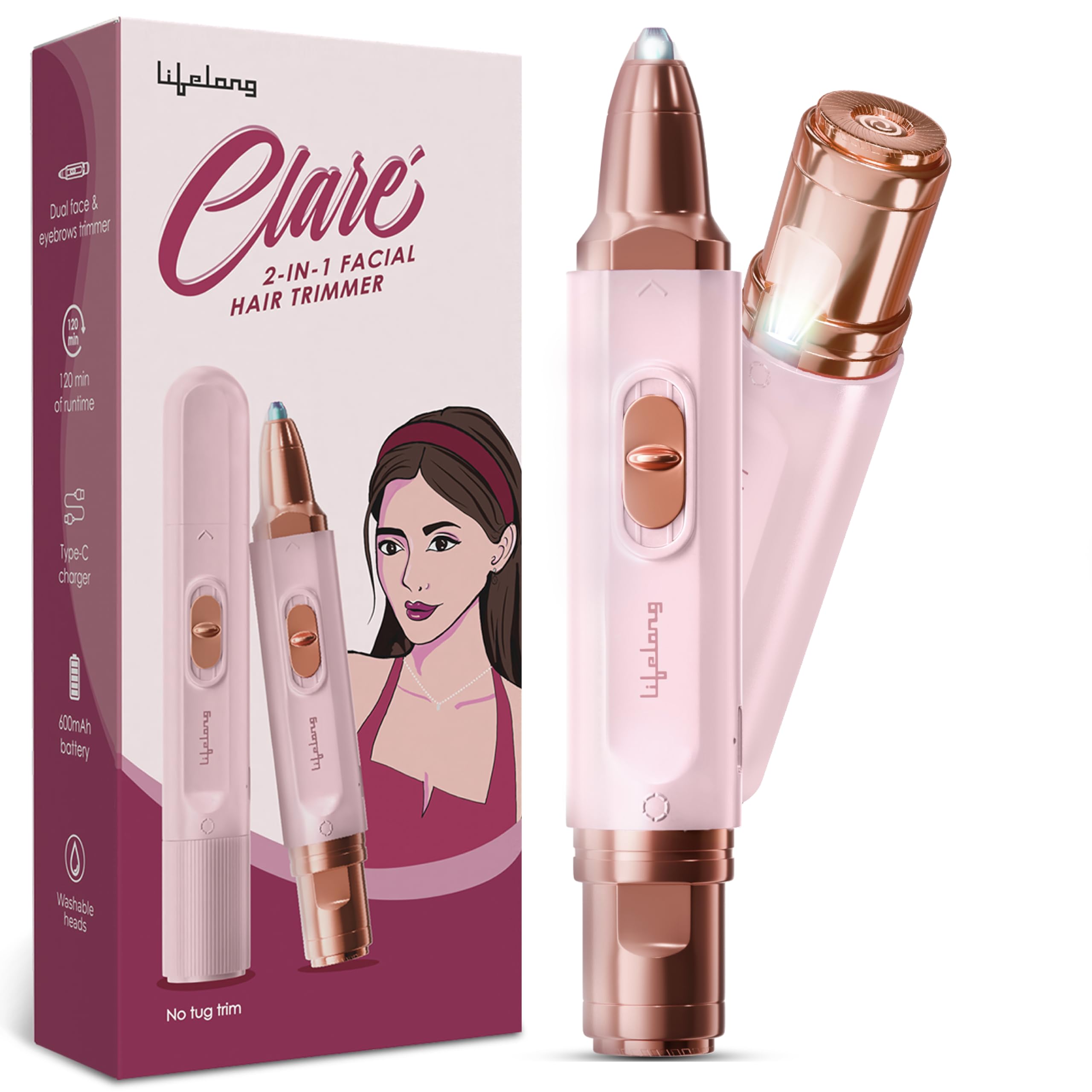 Lifelong Claré 2-in-1 Facial Hair Trimmer for Women|Painless Face,Upper Lip & Eyebrow Hair Remover with 600mAh Battery, 120 Mins Runtime, Washable Head, Cordless USB Type-C Rechargeable, LED Indicator-image-11