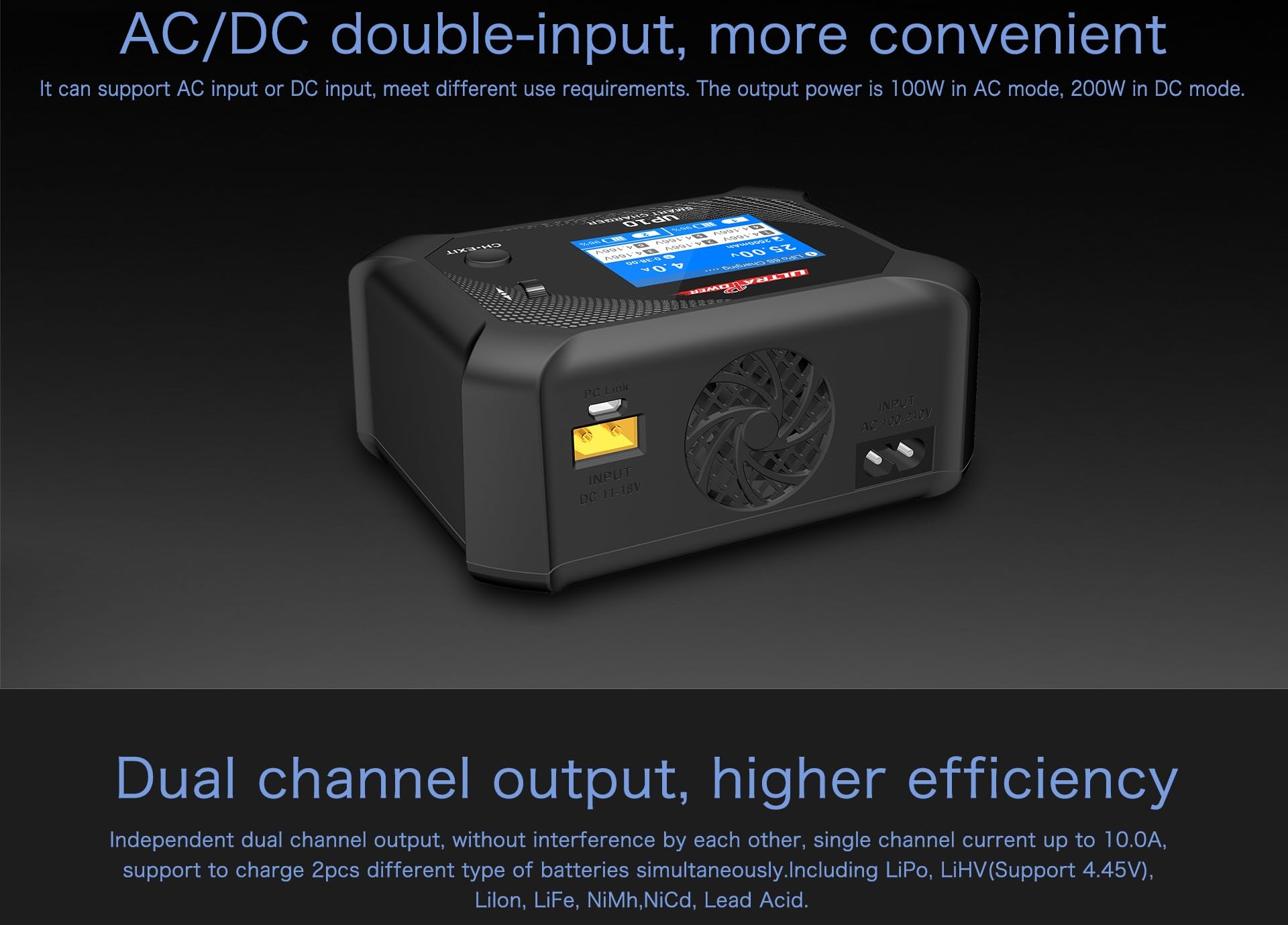 YUNIQUE GREEN-CLEAN-POWER UP10 Caricabatterie AC/DC 2X100W 10A - Caricabatterie Doppio Canale con Bilanciamento Intelligente per Batterie LiPo LiFe LiHV NiMH NiCd
