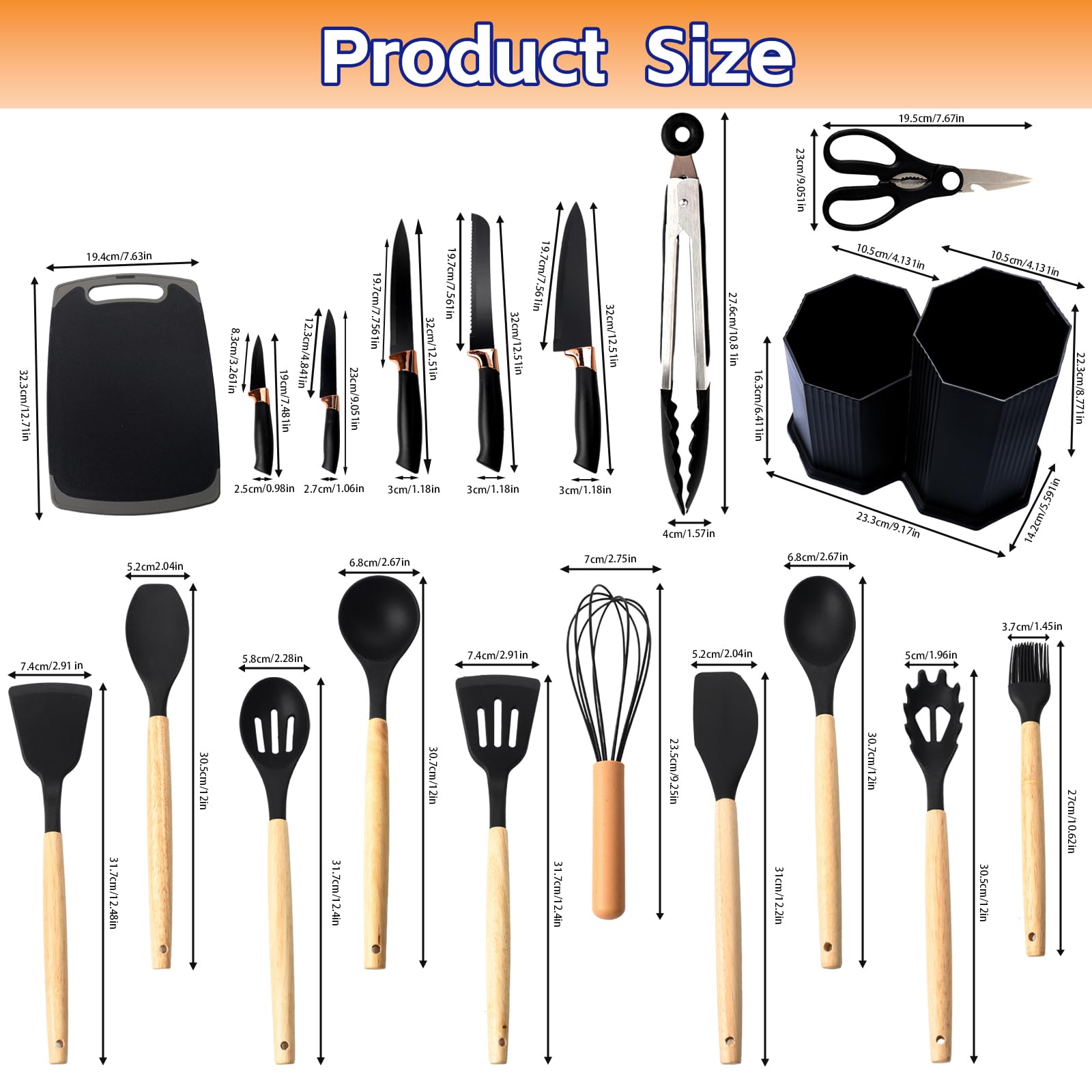 Set Utensili da Cucina 19 Pezzi Nero – Include 5 Coltelli, 1 Tagliere 13 Utensili in Silicone con Scatola di Conservazione a Forma di Diamante – Resistenti al Calore Ideale per Ogni Cucina
