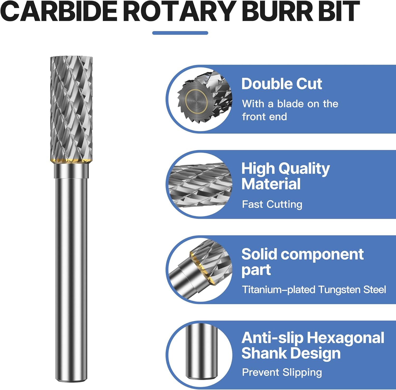 HUHAO Carbide Rotary Burr Set for Dremel, 5PCS Carbide Double Cut Carving Burr Bits with 1/4" Shank Rotary Tool Accessories for Woodworking, Engraving, Drilling, Steel Metal Working,8mm