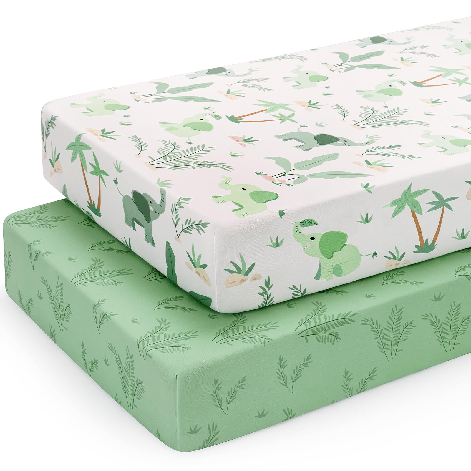 Yukkidds 2er Pack Baby Spannbettlaken Spannbetttücher 140 x 70 cm Elastizität Atmungsaktiv Mikrofaser Matratzenbezug Laken für Kinderbett Beistellbett Babybett, Elefantengrün