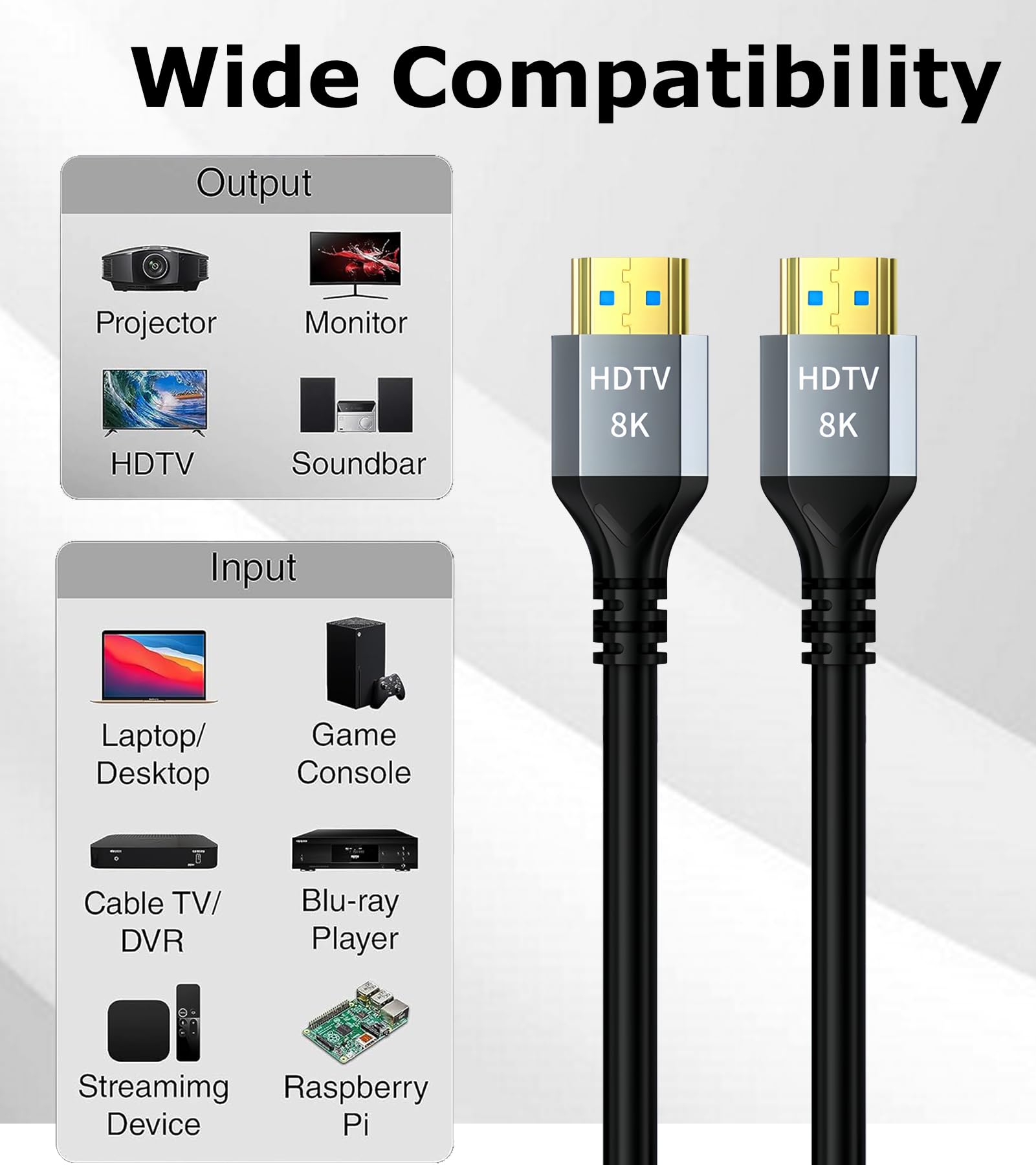 Cable HDMI 2.1 de 6.6 pies, cable HDMI blindado 8K de 6.6 pies, 48 Gbps, cable HDMI de alta velocidad para monitor de TV, 8K a 60Hz, 4K a 120Hz/165Hz, HDCP 2.2 y 2.3, HDR 10 para ARC, eARC, PS4 PS5