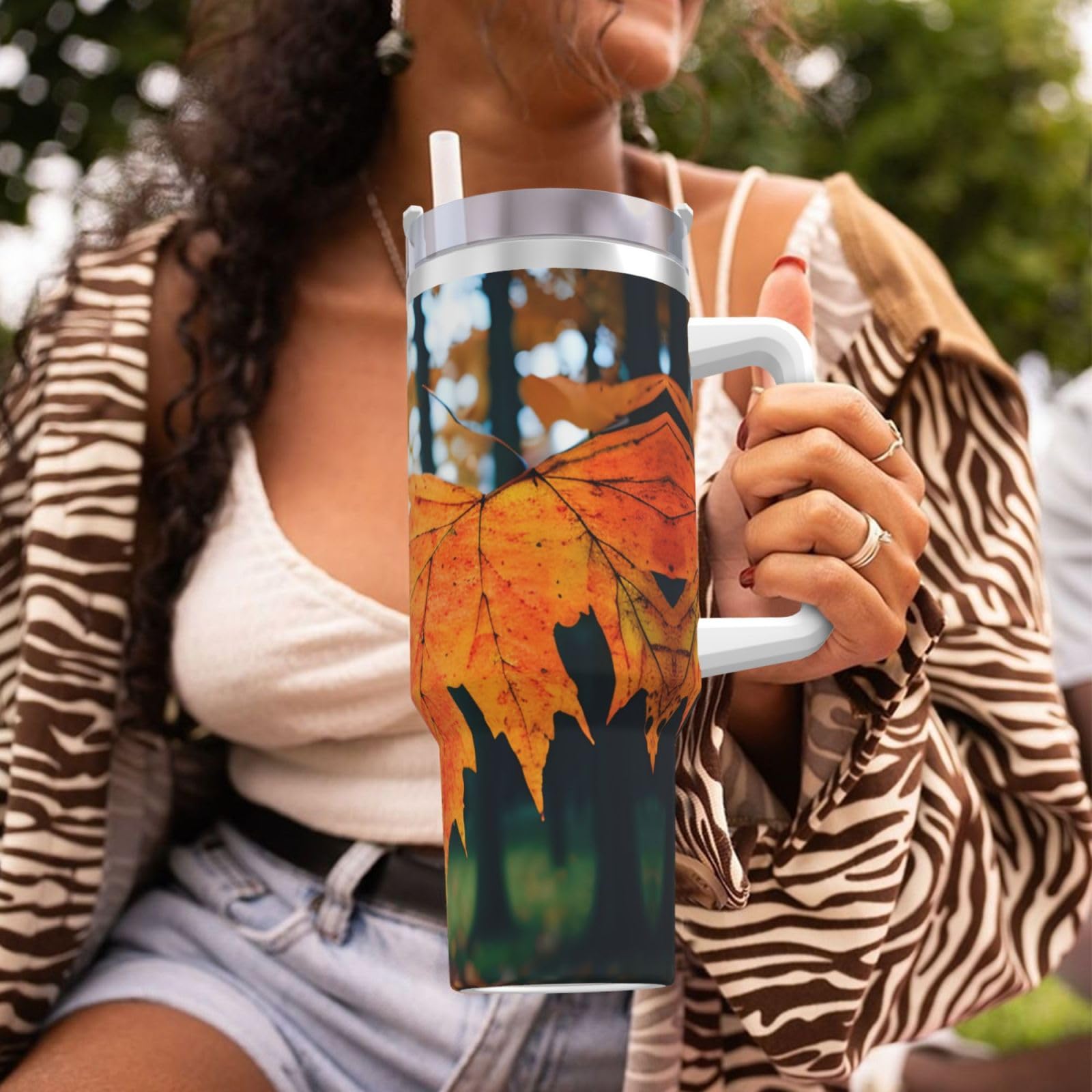 Wasserflasche mit Herbstmuster, Edelstahl, doppelwandig, isoliert, mit Griff und Strohhalm-Deckel, 1,2 l