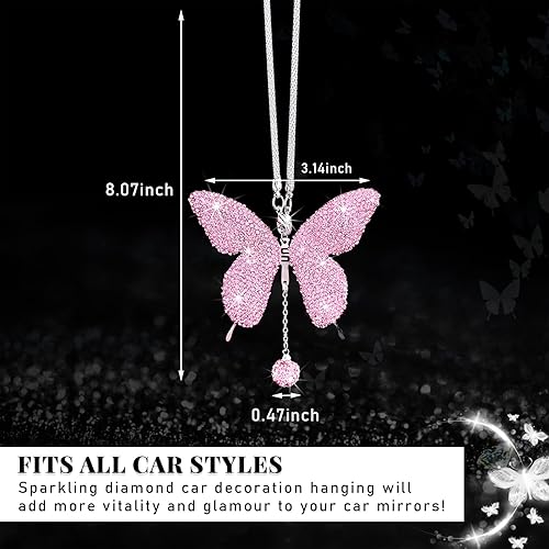 Miniatura 8 de Dickno Accesorios de automóvil con diseño de mariposa brillante para mujer, colgante de adorno de espejo retrovisor de automóvil de diamante, regalo