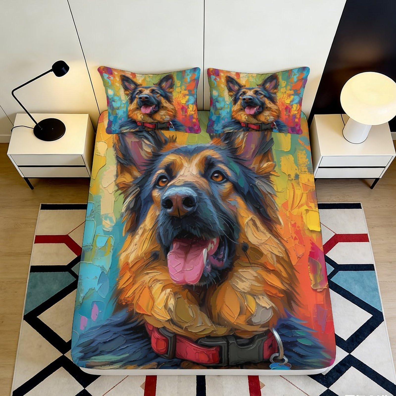 3D Printed Colorful German Shepherd Fitted Sheet Microfiber Durable Vibrant Dog Mattress Cover for Bedroom Dormitory Guest Room Easy Care 90x200x25cm