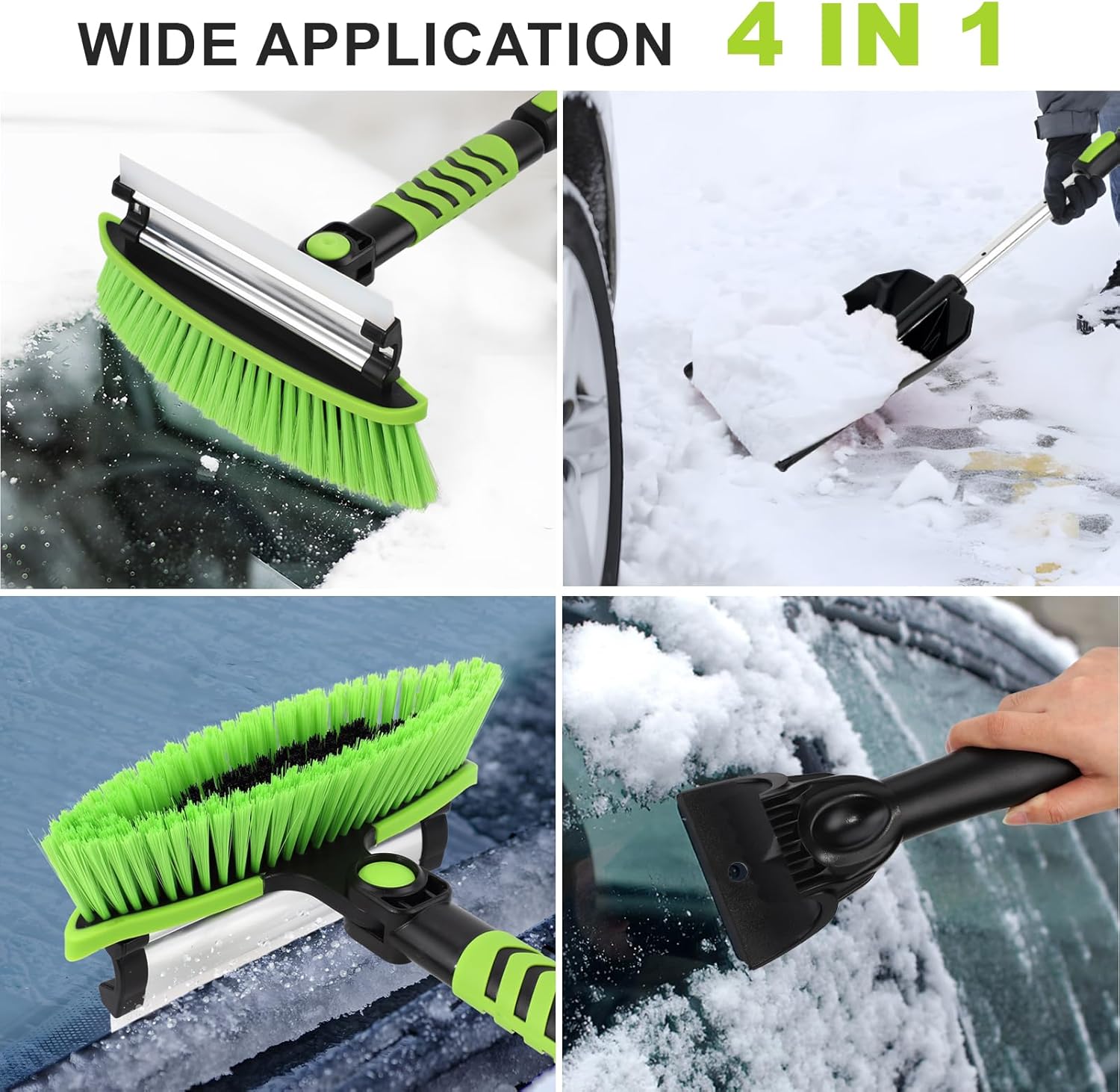 Yougfin 4 in 1 Ice Scraper & Snow Brush & Snow Shovel for Home Car, 43" Extendable Window Ice Removal with Squeegee for Windshield, Green & Blue
