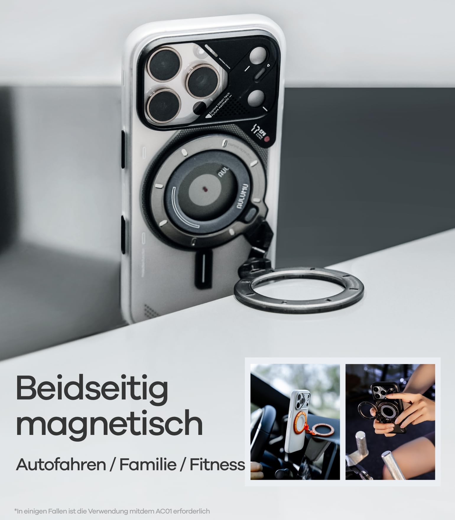 Aulumu G09 Ghost Infinite MagSafe Ring Halterung 360° Drehung Handy Ständer und Griff N52 Doppelseitige Magnetische Fingerhalter Handyhalterung, Mattiertes Transparentes PC, Ghost Transparent