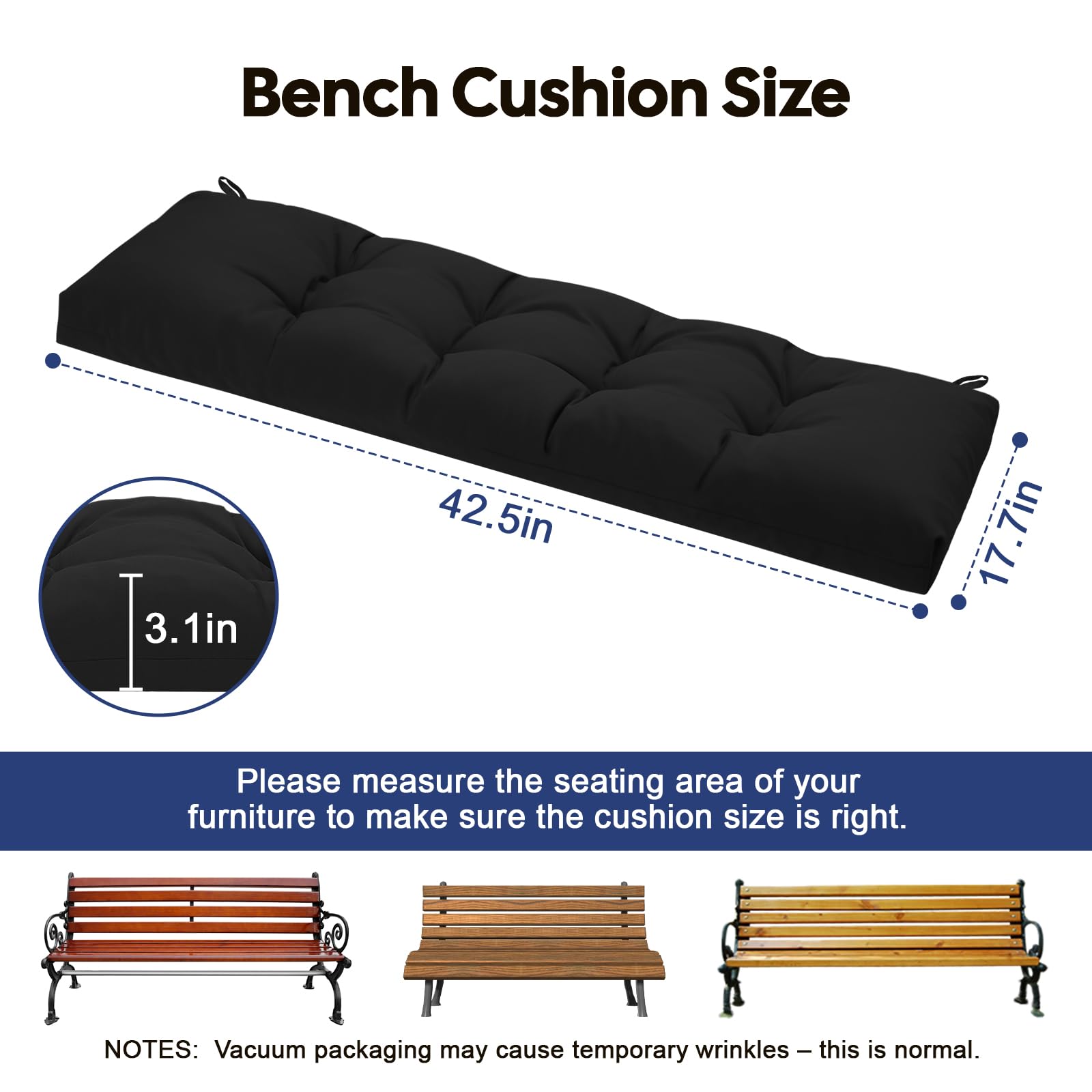 Outdoor Garden Bench Cushion, 8cm Thick Tufted Waterproof Long Bench Seat Pad with Ties, Replacement Cushion for Patio, Lawn & 2 Seater Loveseat Furniture, 108x45cm, Black — view 2