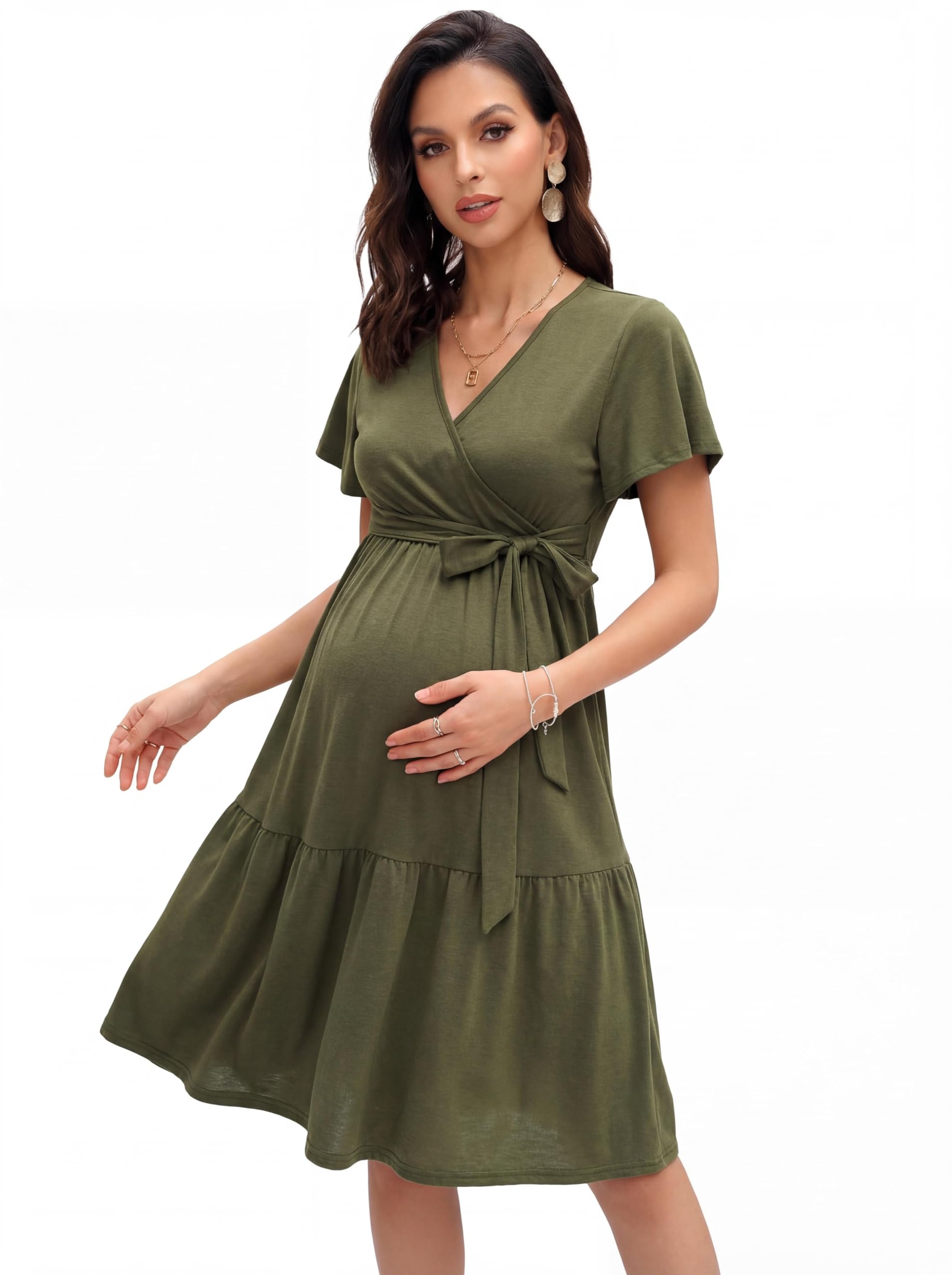 Yesfashion Abito premaman da donna, casual, per allattamento, con scollo a V, elegante, con volant (confezione multipla)