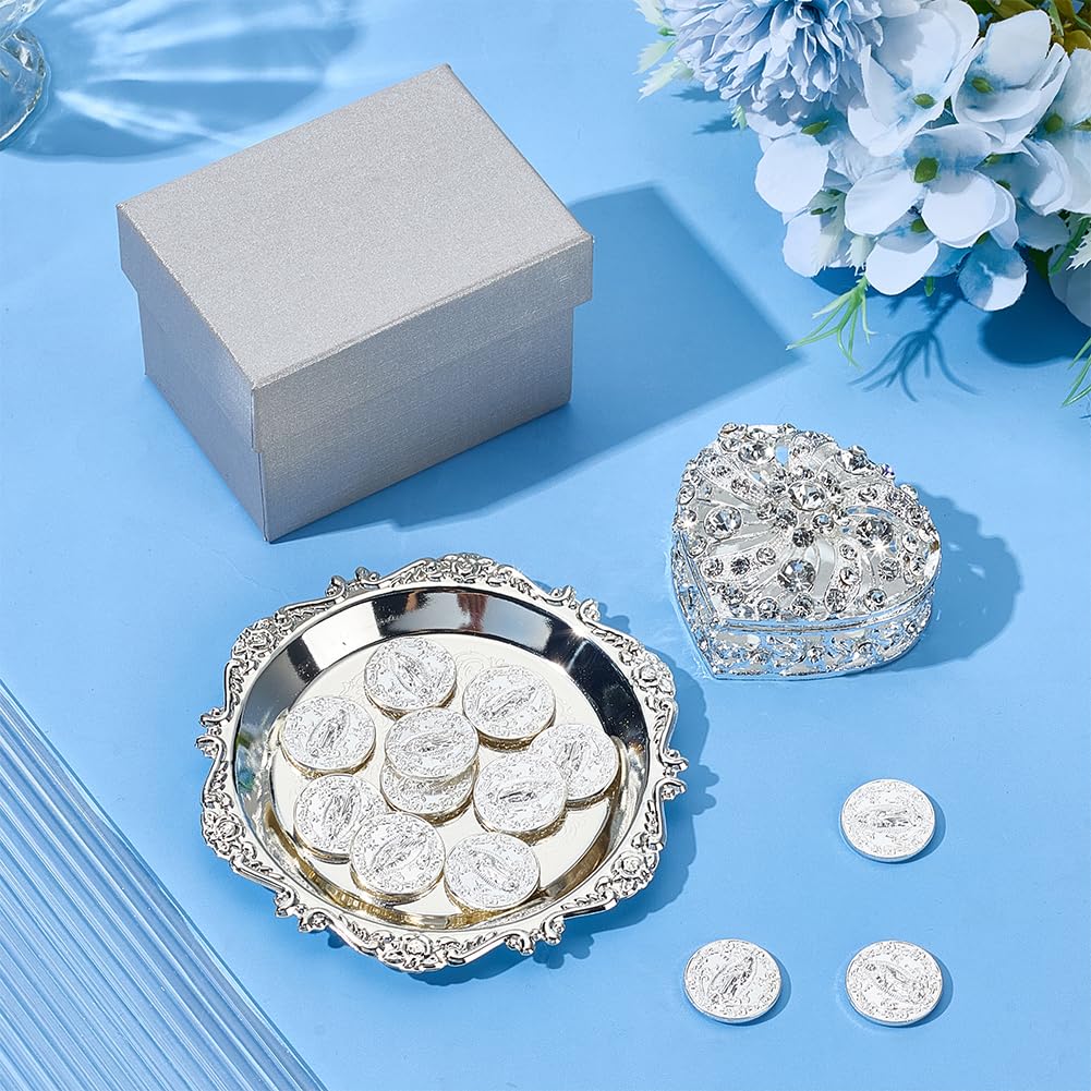 ORIGACH Juego de monedas de plata Arras de Boda, caja en forma de corazón con 13 monedas de Jesús y bandeja en relieve, accesorios de boda para ceremonia