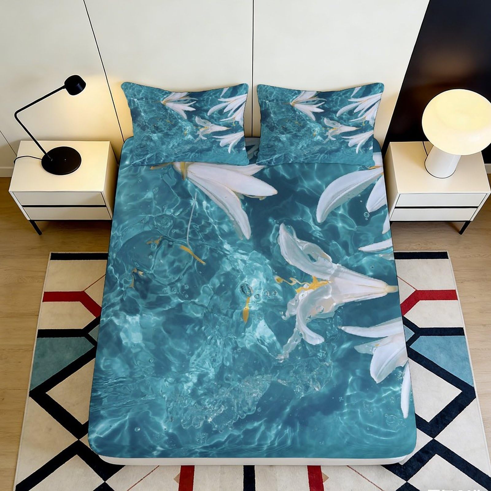 Ocean Decor Fitted Sheet 3D Printed Shark Pattern, Microfiber Soft Touch, Bed Cover for Bedroom Guest Room, Easy Care, Apartment Bedding, chars 160x200x25cm