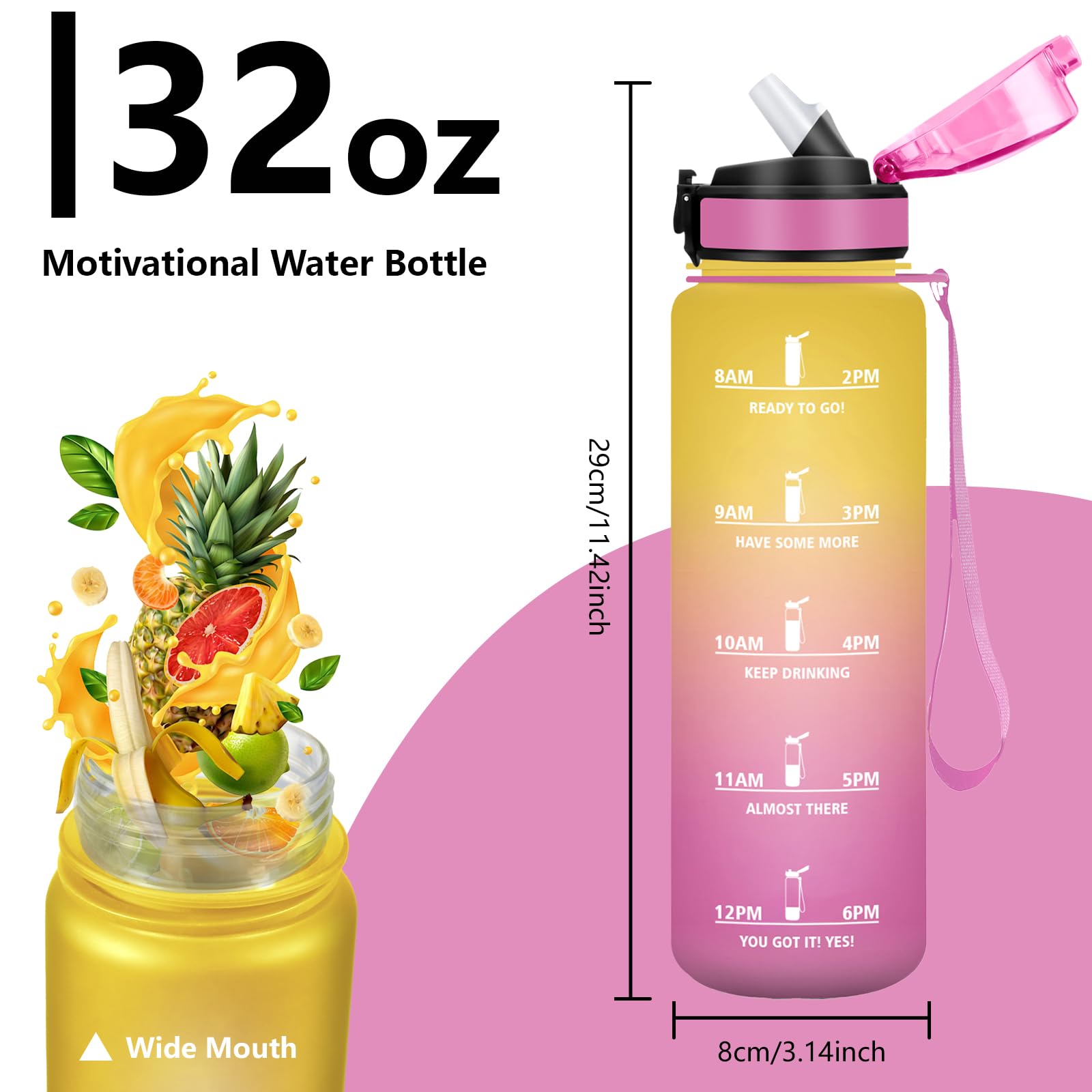 Grsta Borraccia 1 litro, A Prova di Perdite Borraccia Palestra, Bottiglia Motivazionale, con Cannuccia, Borracce con Indicatore del Tempo per Escursionismo, Ufficio, Corsa