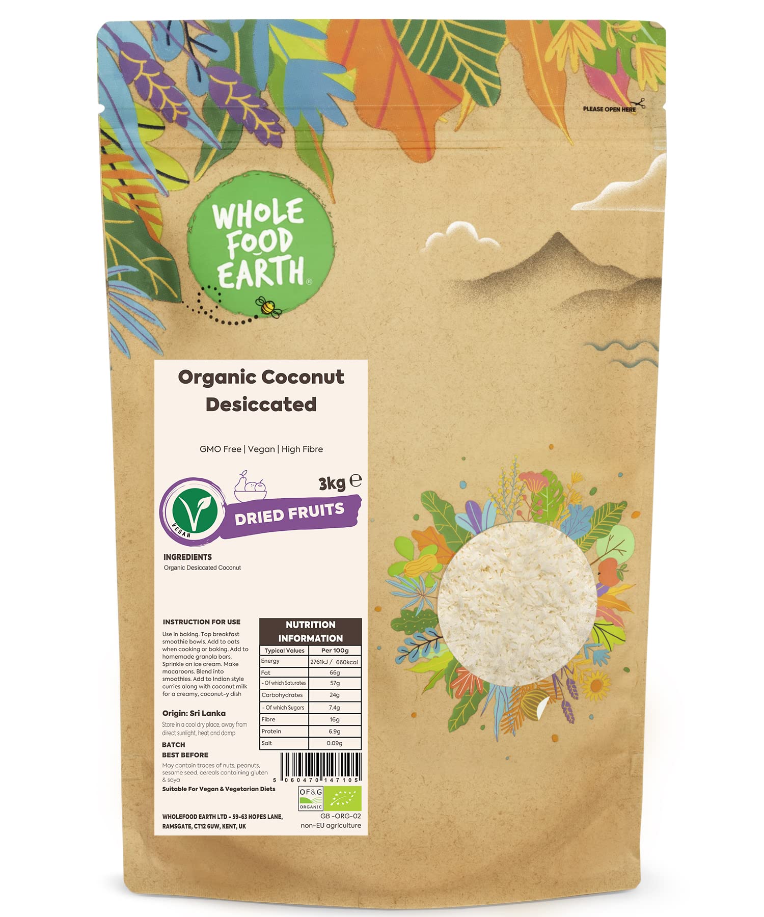 Wholefood Earth Organic Coconut Desiccated – 3 kg | GMO Free | Vegan | High Fibre | Certified Organic