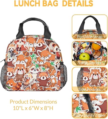 Miniatura 2 de Bolsas de almuerzo Red Panda – Lonchera Bento reutilizable aislada con bolsillos pequeña marrón linda lonchera para niños – Divertida bolsa de
