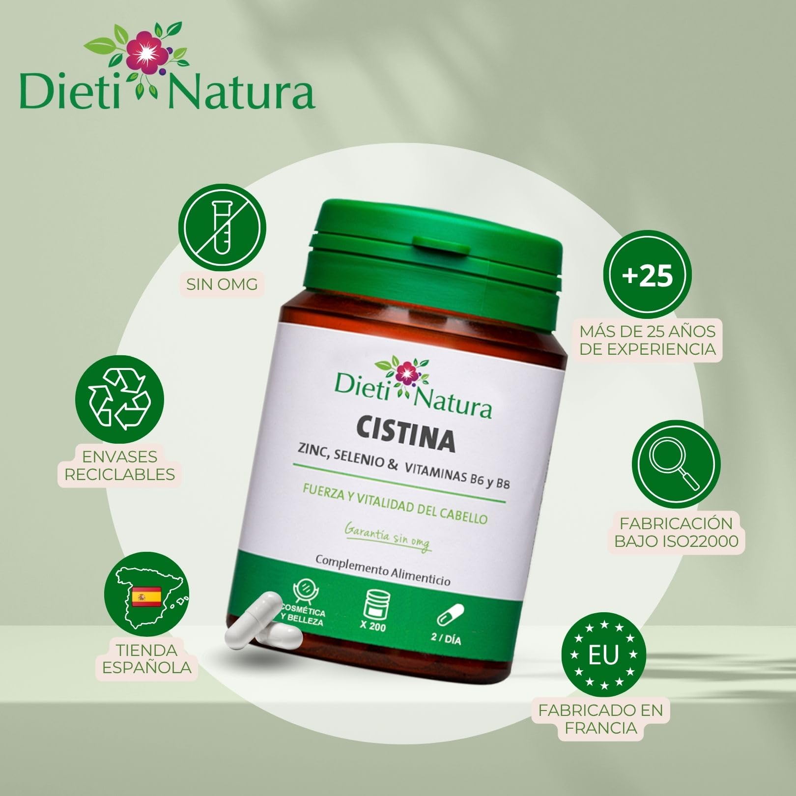 Dieti Natura 200 Cápsulas de Cistina para el Cabello con Vitamina B6 - Vitaminas para el Cabello Mujer y Hombre - Previene la Caída del Cabello - Hair Vitamins (600 Cápsula)